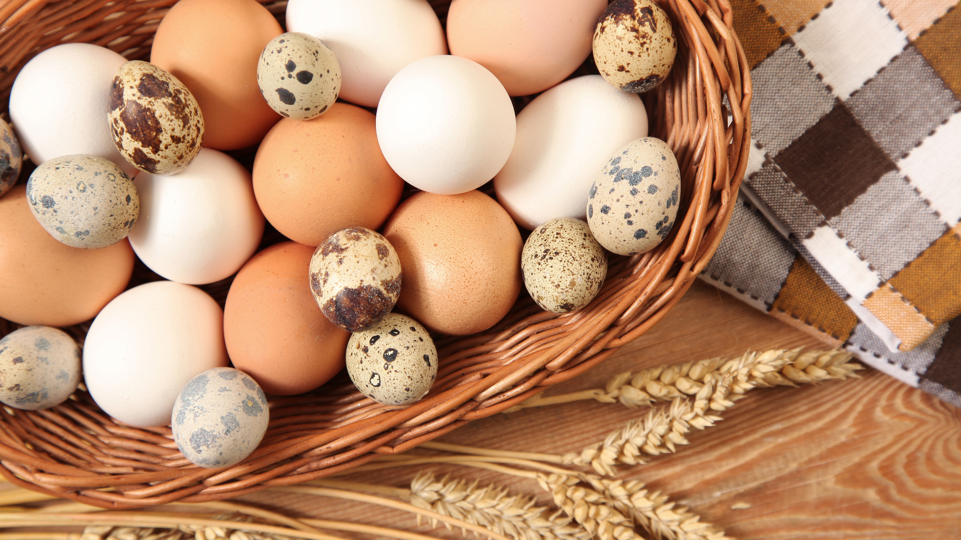 Куриные и перепелиные яйца в корзине на столе с колосками