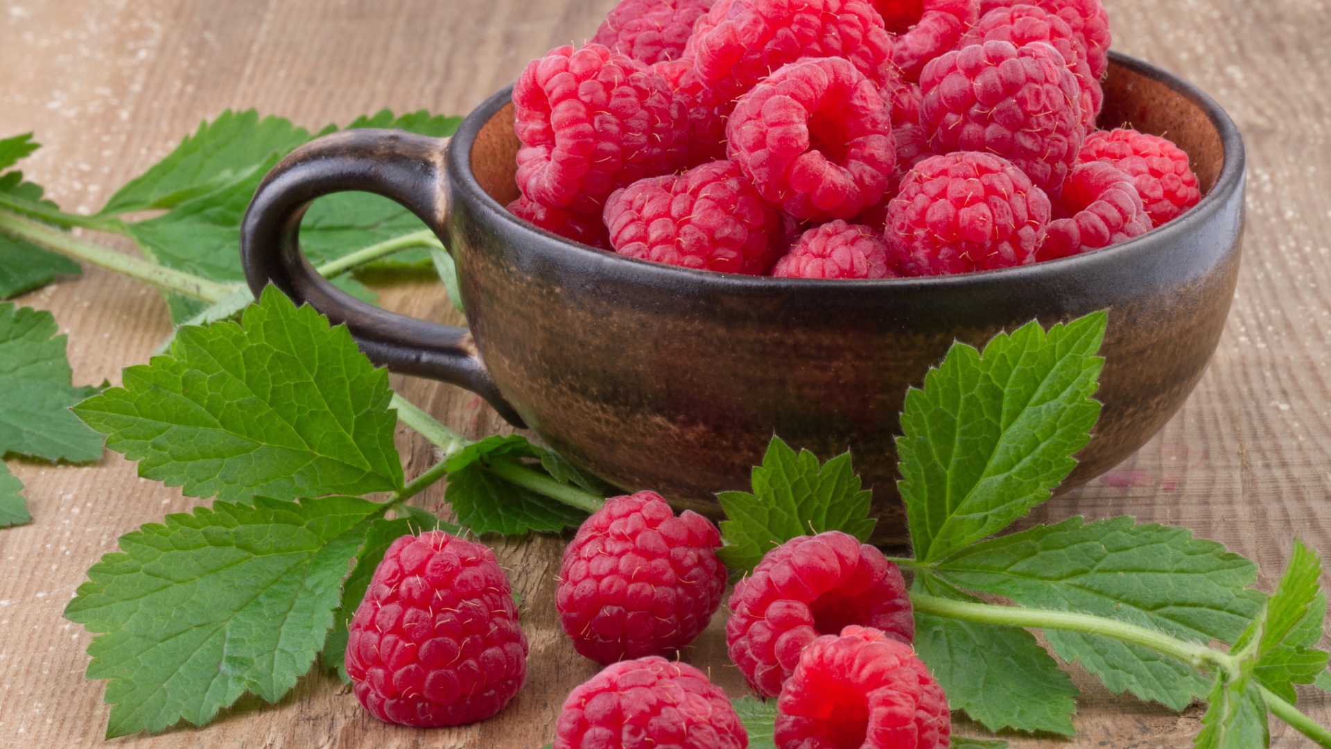 Чашка со свежей малиной на столе с зелеными листьями