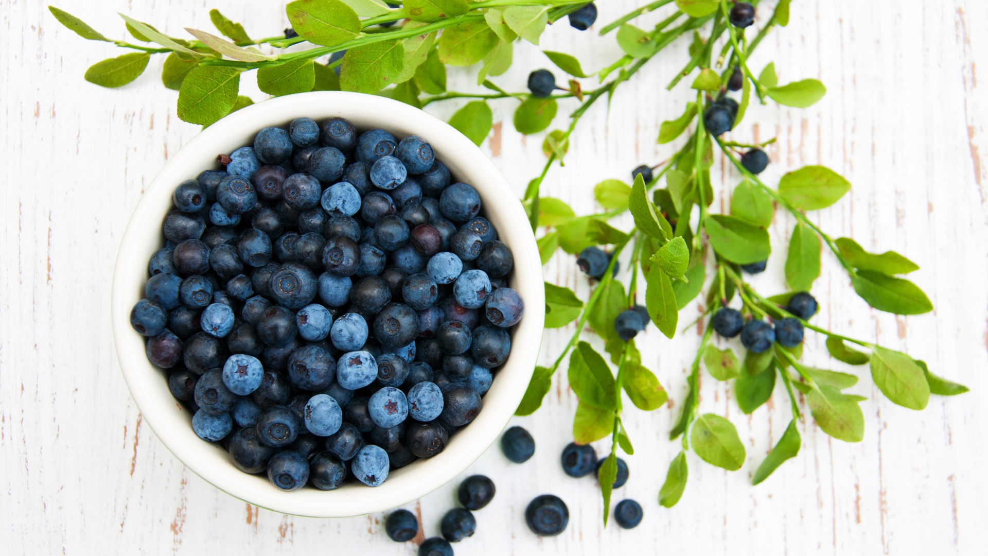 Свежие ягоды черники на столе с ветками