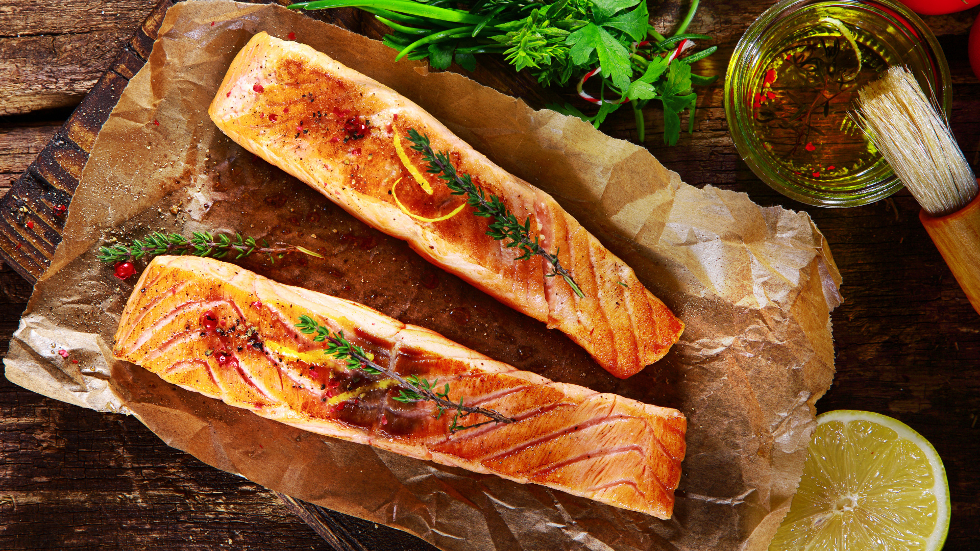 Два куска запеченной рыбы на столе с оливковым маслом и зеленью