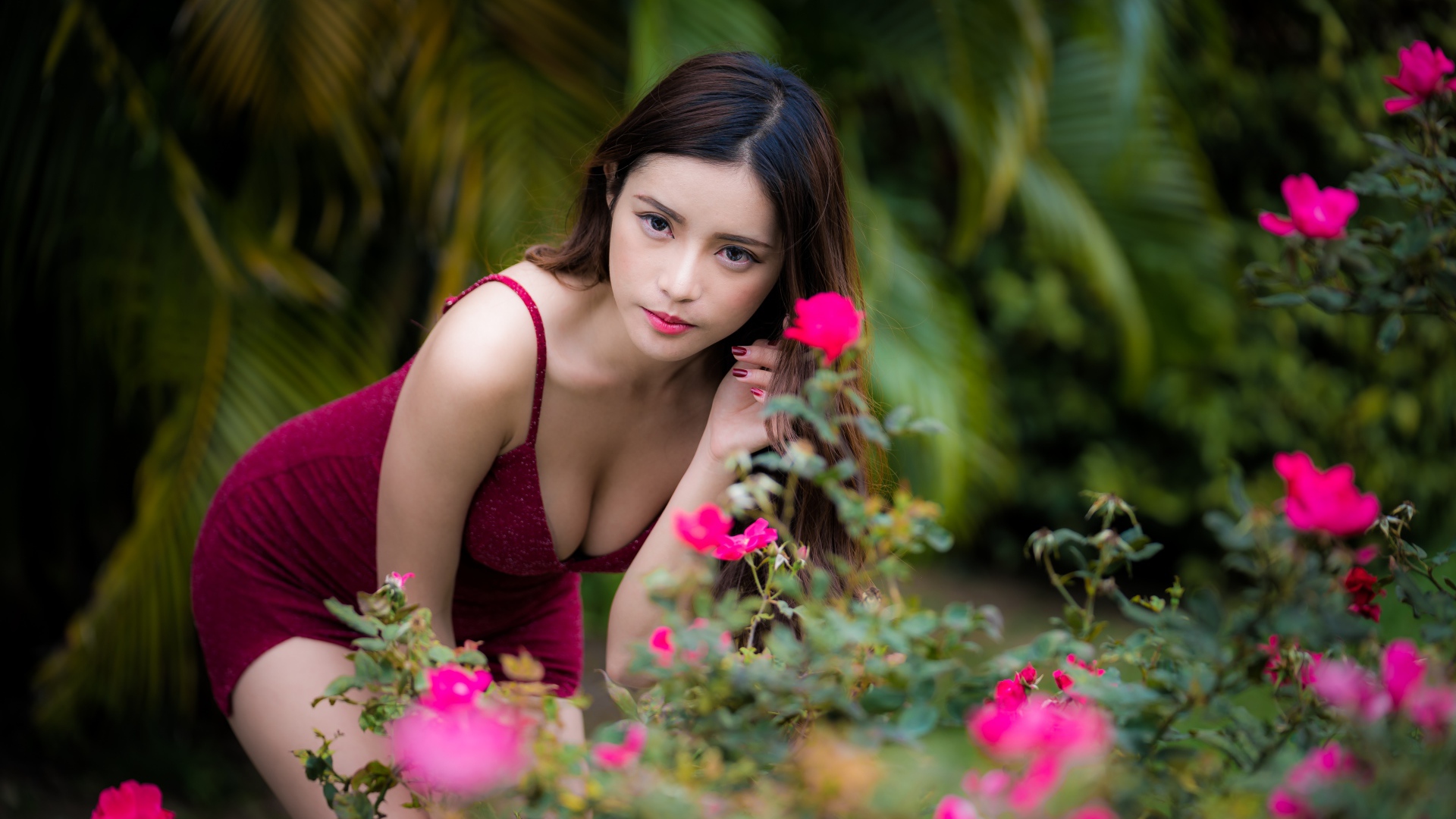 Девушка азиатка в красивом красном платье у куста роз