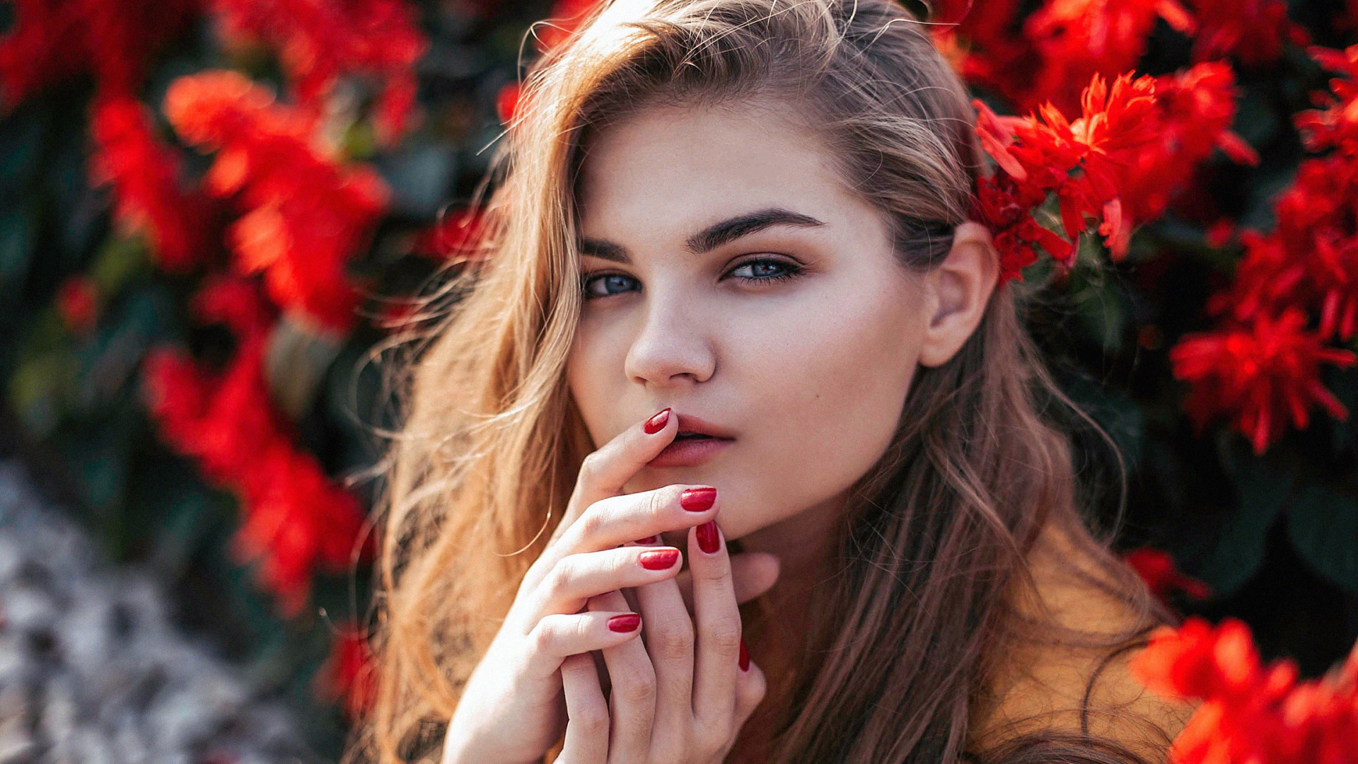 Красивая девушка на фоне красных цветов