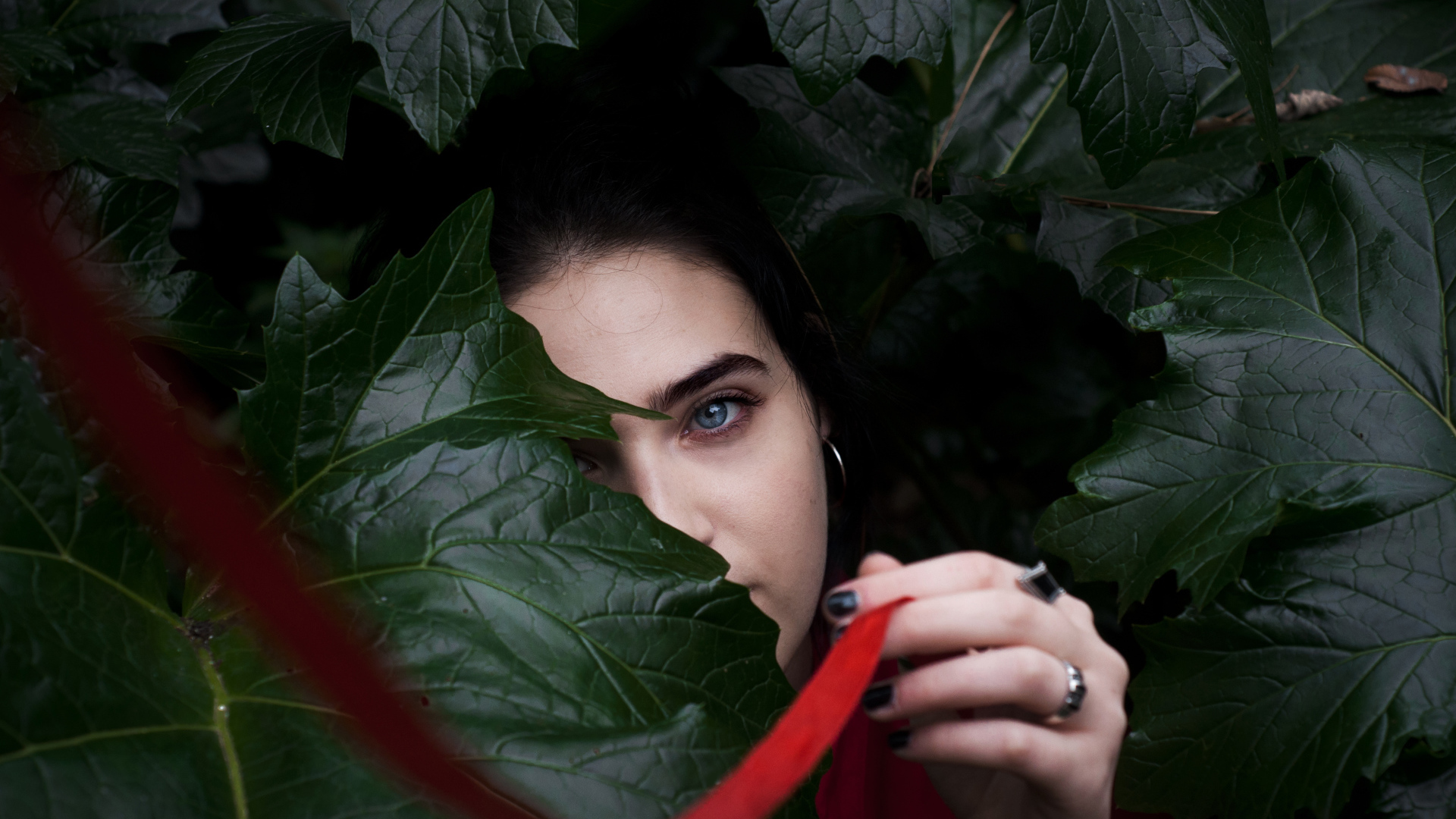 Голубоглазая девушка в больших зеленых листьях