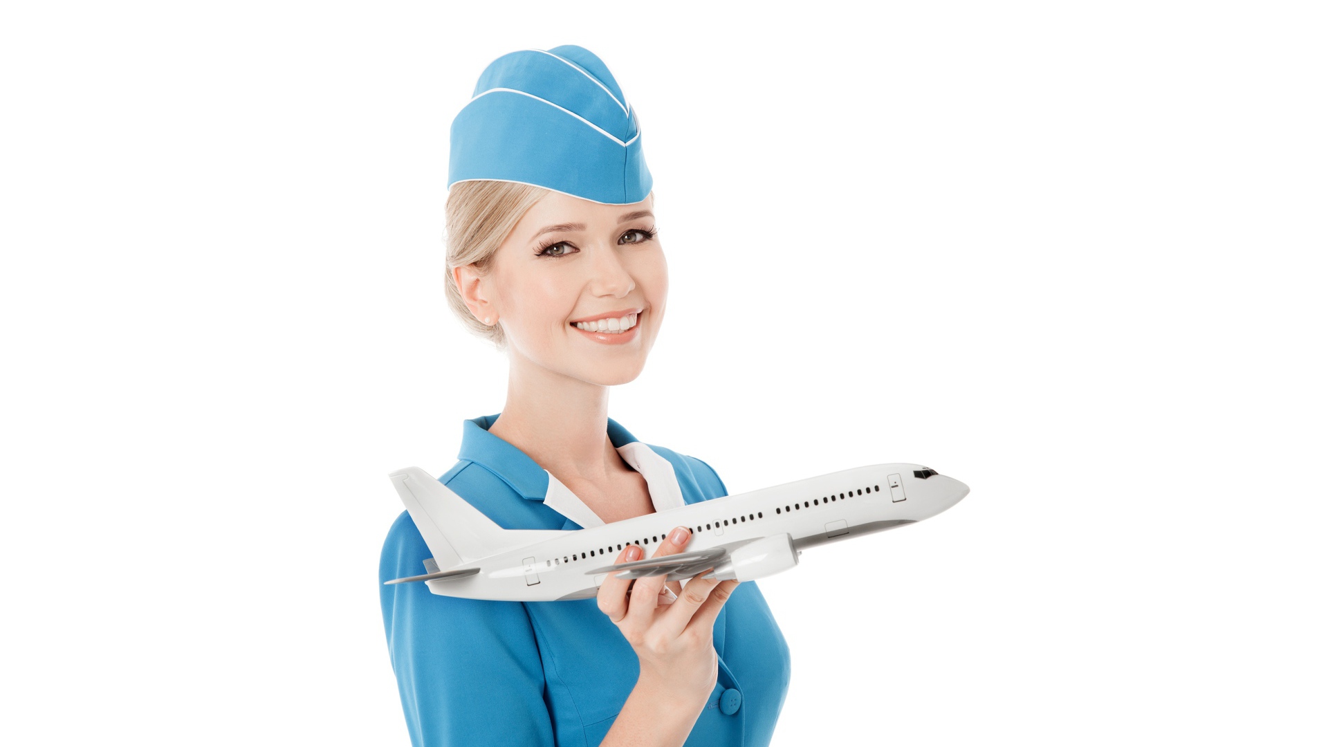 Girl stewardess with an airplane in hand on white background Desktop  wallpapers 1920x1080