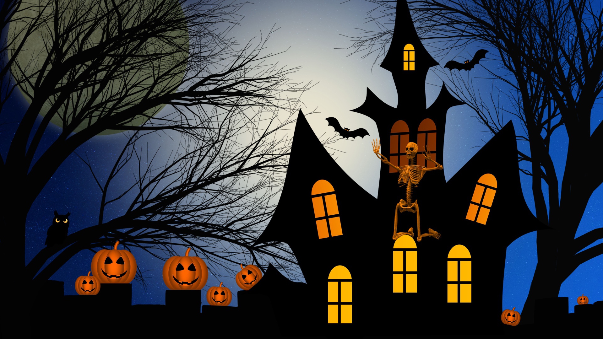 Зловещий замок со скелетом, тыквами и летучими мышами на фоне большой луны 