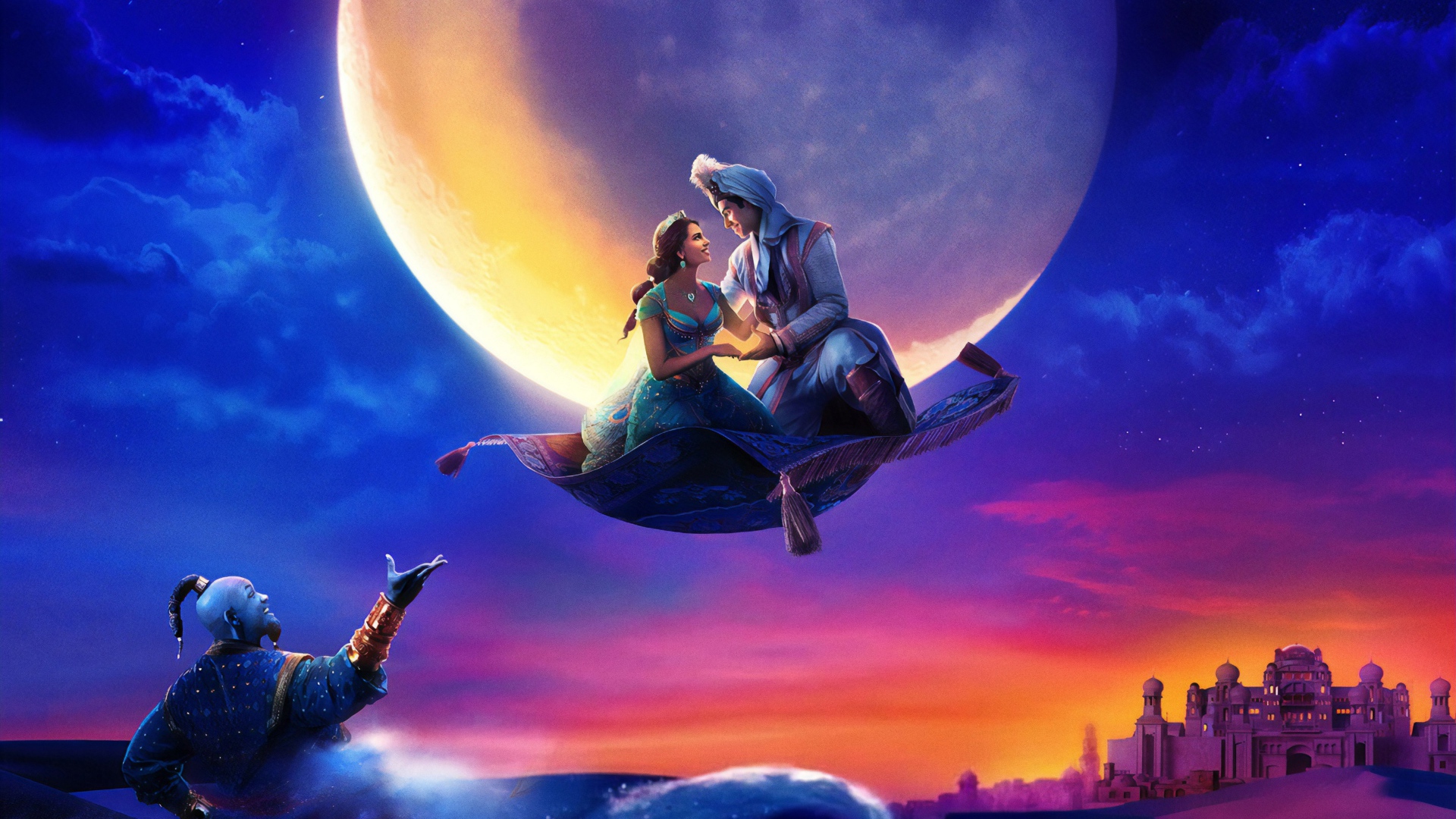 Алладин и Жасмин на ковре самолете на фоне луны 
