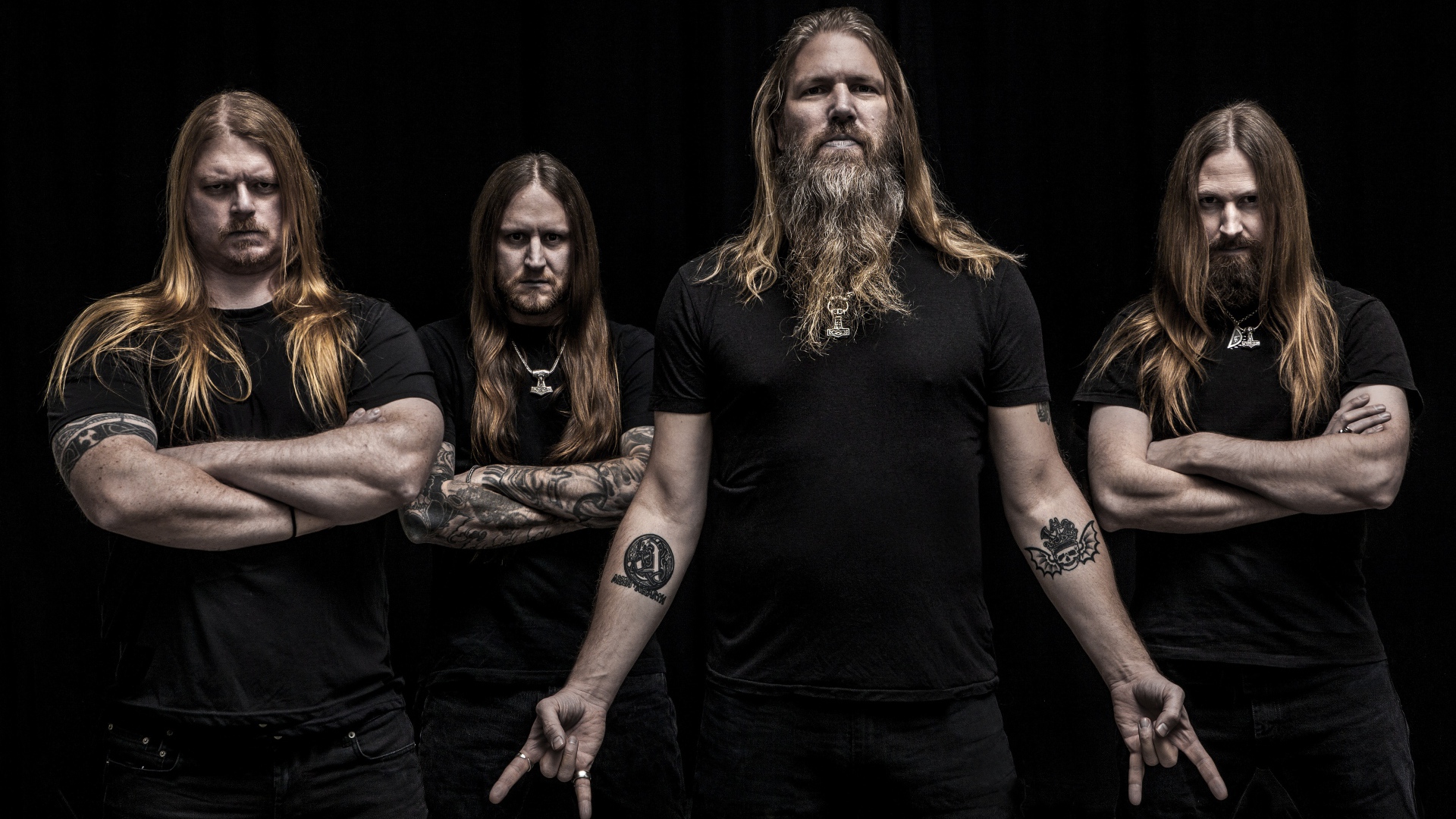 Swedish metal band Amon Amarth on a black background