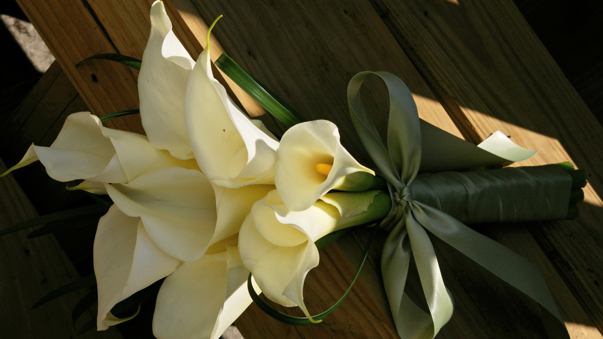 Букет белых калл на деревянной лавке