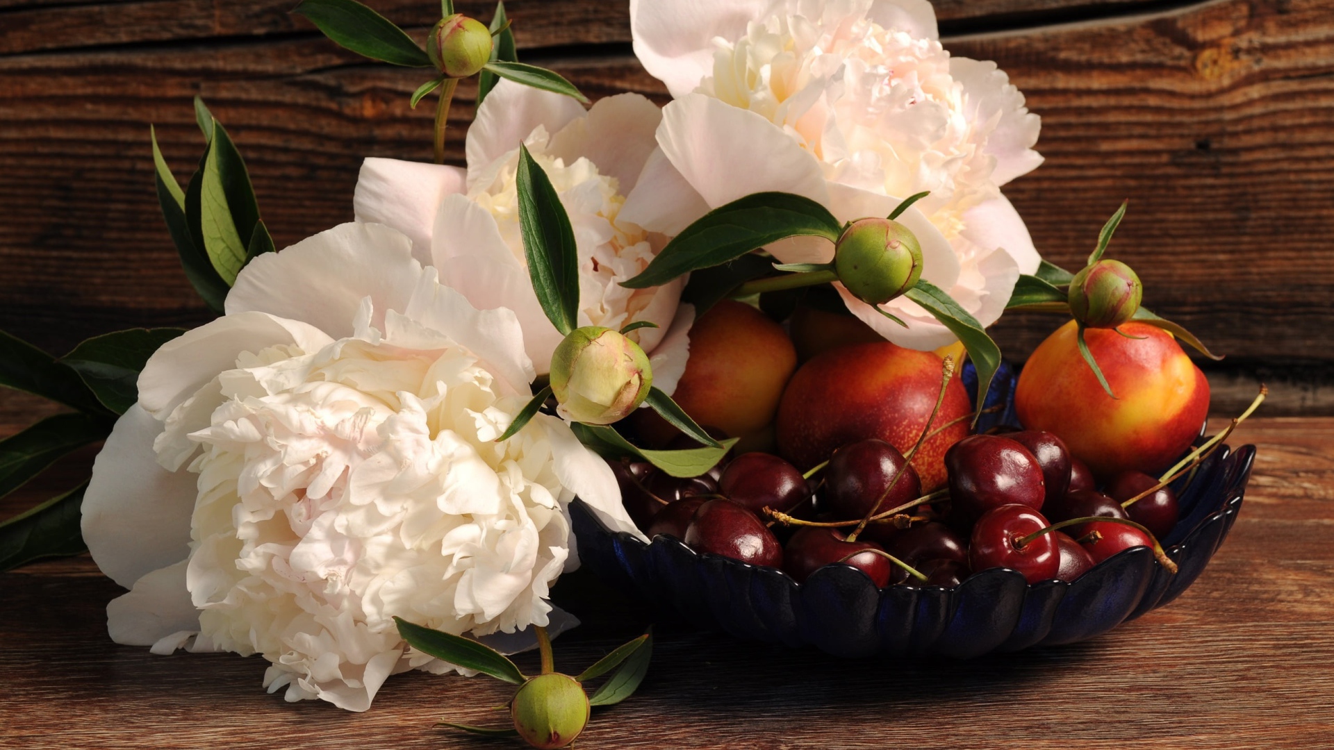 Три красивых белых пиона на столе с вазой с черешней и нектарином