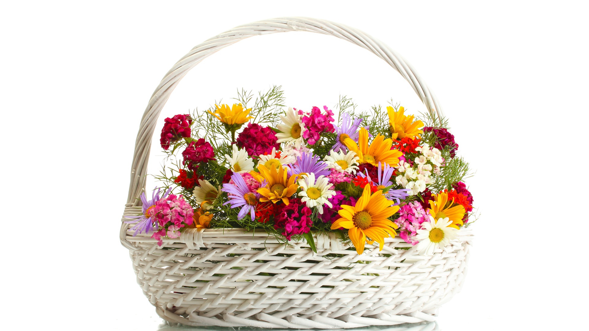 Белая плетеная корзина с цветами на белом фоне