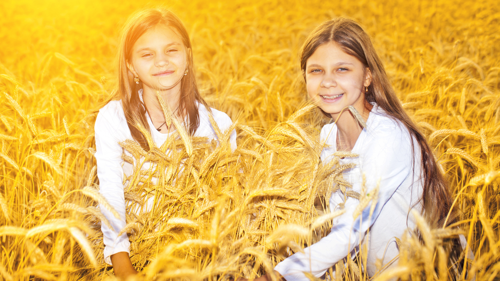Две улыбающиеся девочки на поле с пшеницей