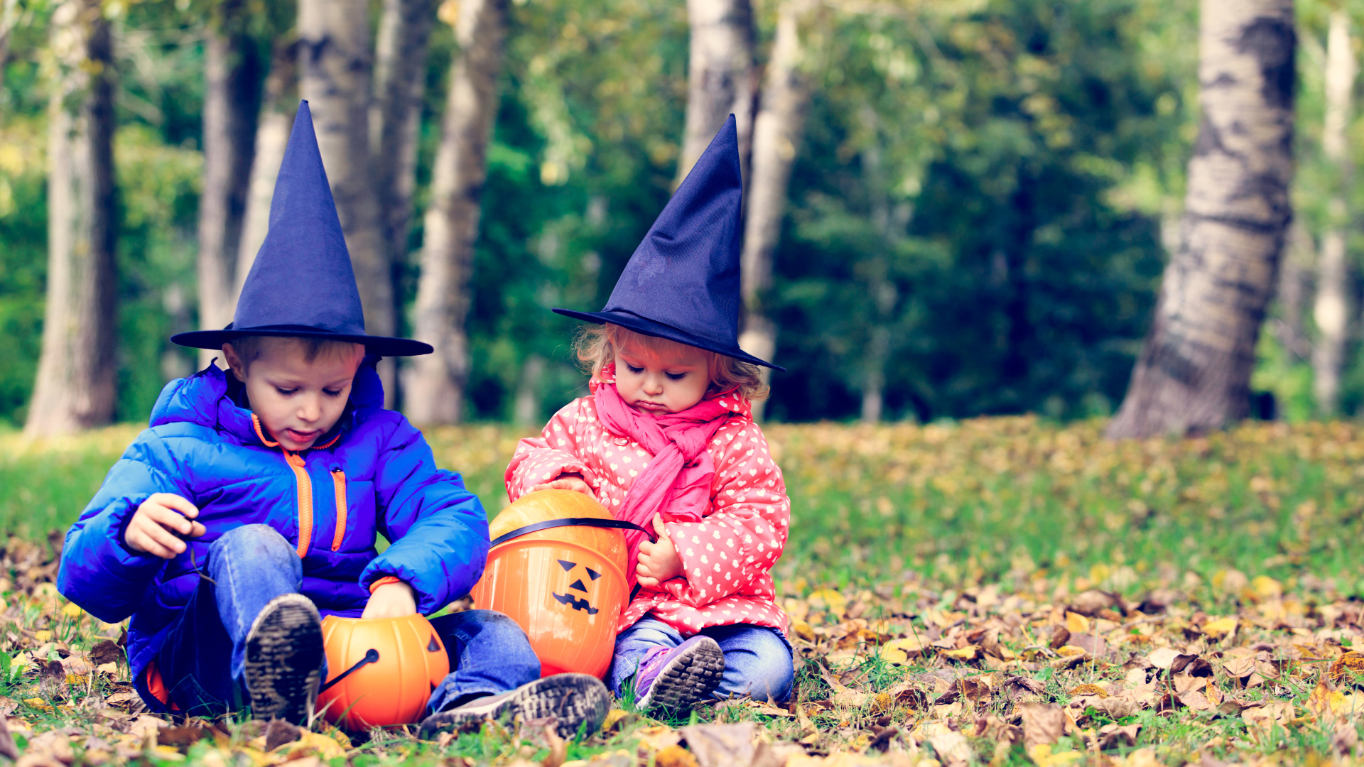 Маленькие мальчик и девочка в лесу на Хэллоуин 