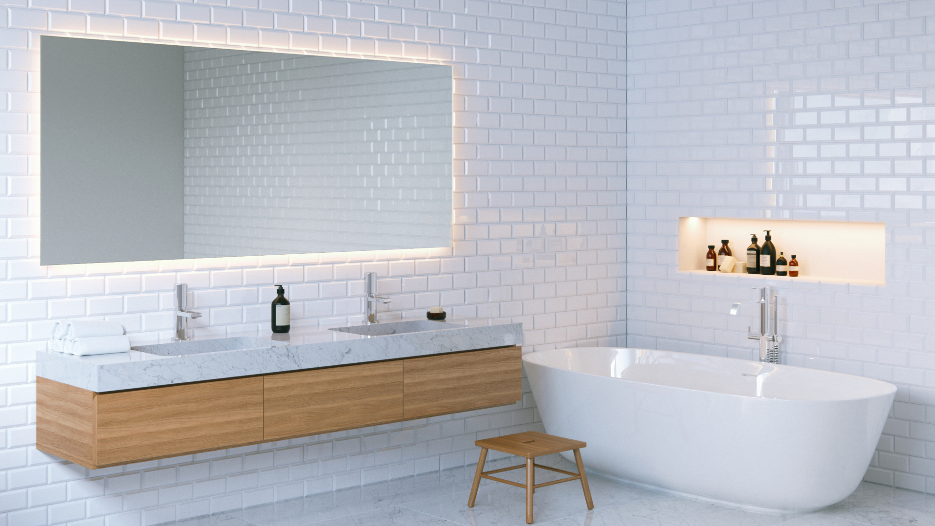 Bathroom with white walls and large mirror.