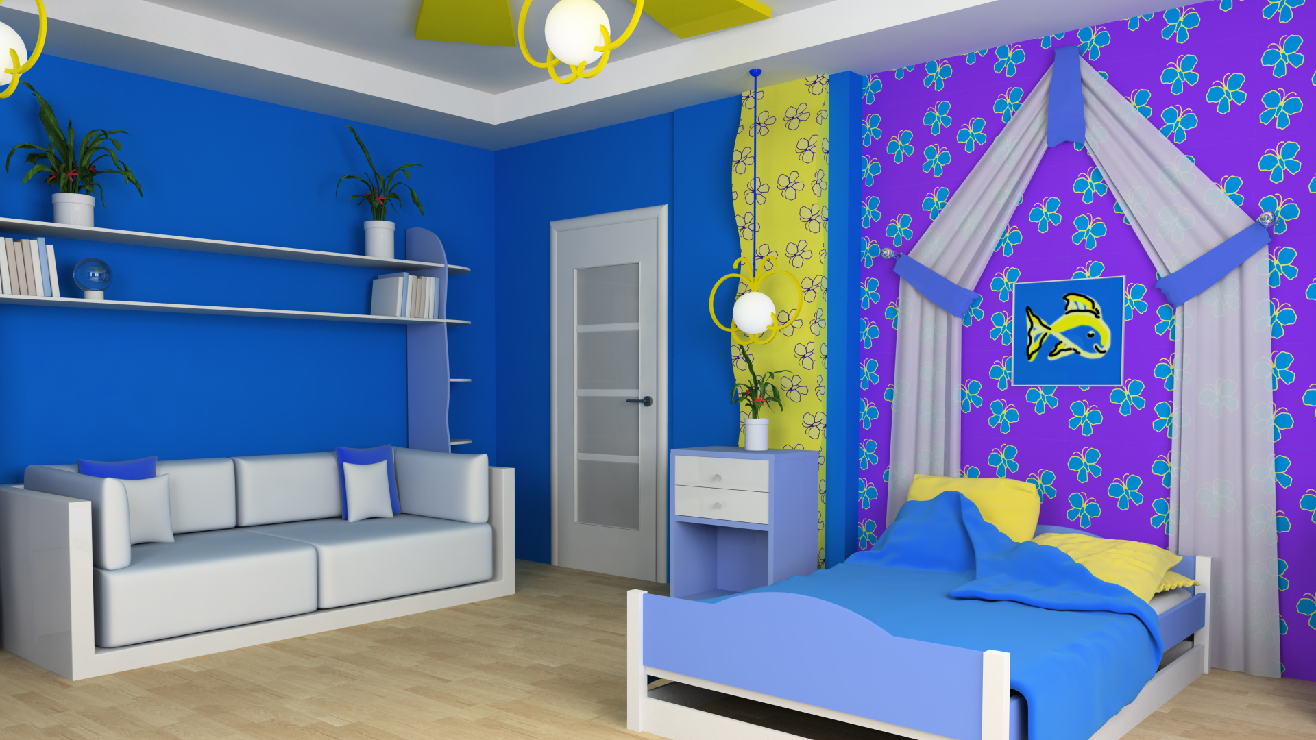 Красивая детская комната с кроватью и диваном с яркими синими стенами
