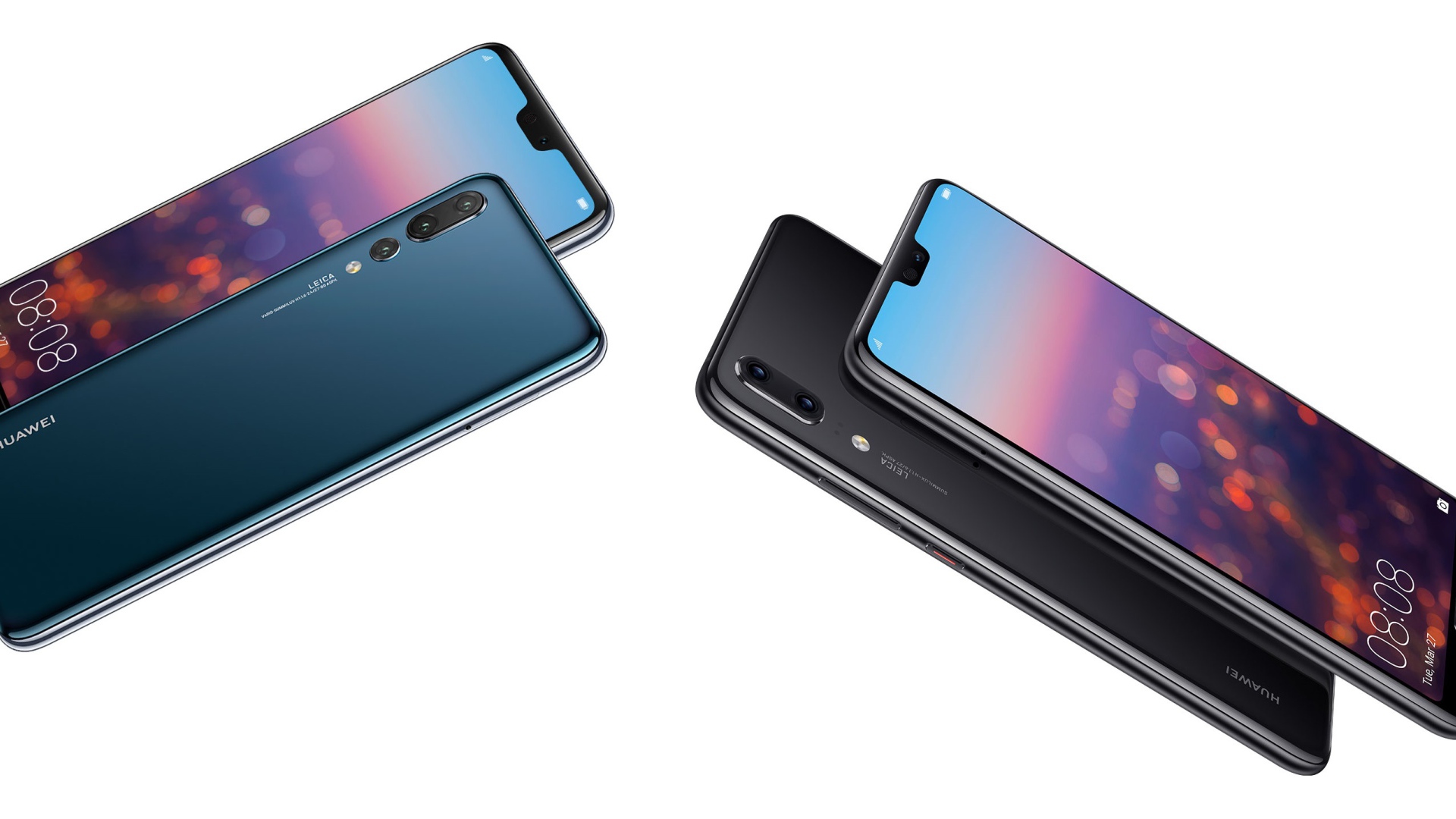 Красивые тонкие смартфоны Huawei P20 Pro на белом фоне