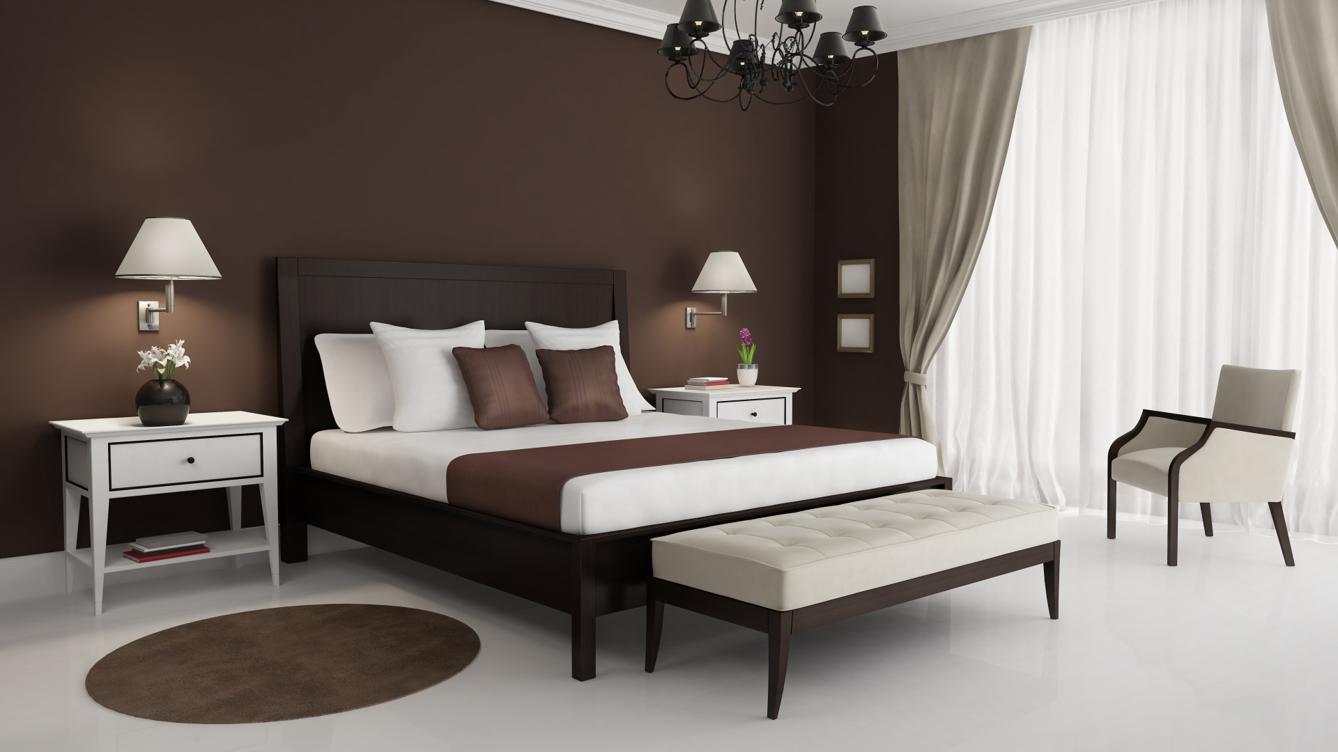 Спальня с большой кроватью в коричнево белых тонах 