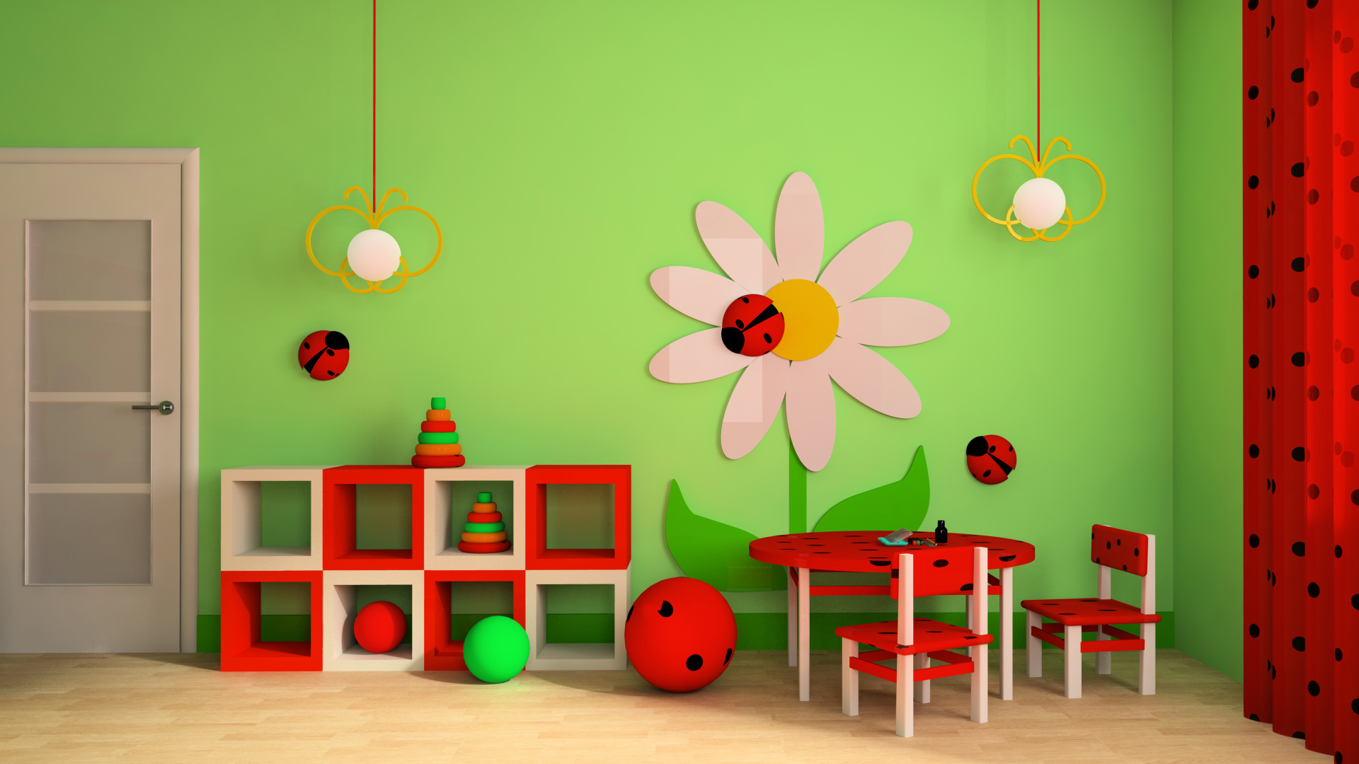Яркая детская комната с красной мебелью и зелеными стенами