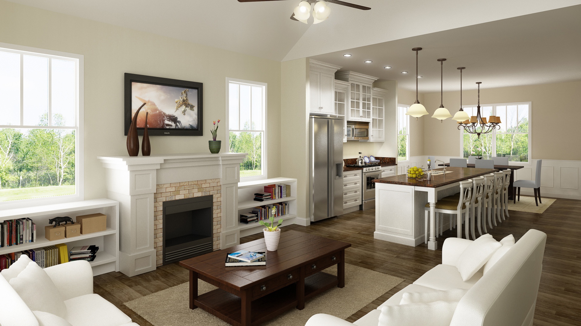 Светлая гостиная комната с кухней 