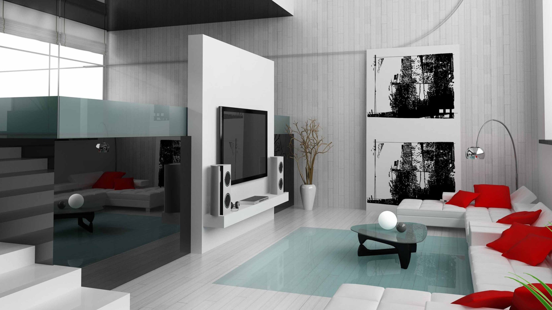 Гостиная комната с зеркальной стеной и белым диваном