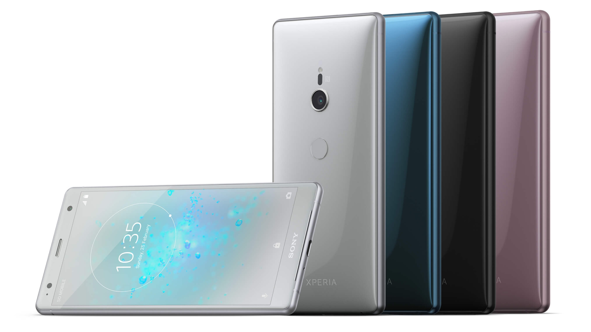 Разноцветные тонкие смартфоны Sony Xperia XZ2 на белом фоне
