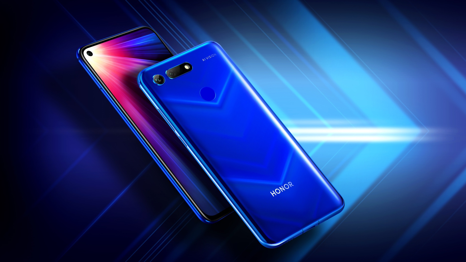 Стильные смартфоны Honor View 20 на синем неоновом фоне