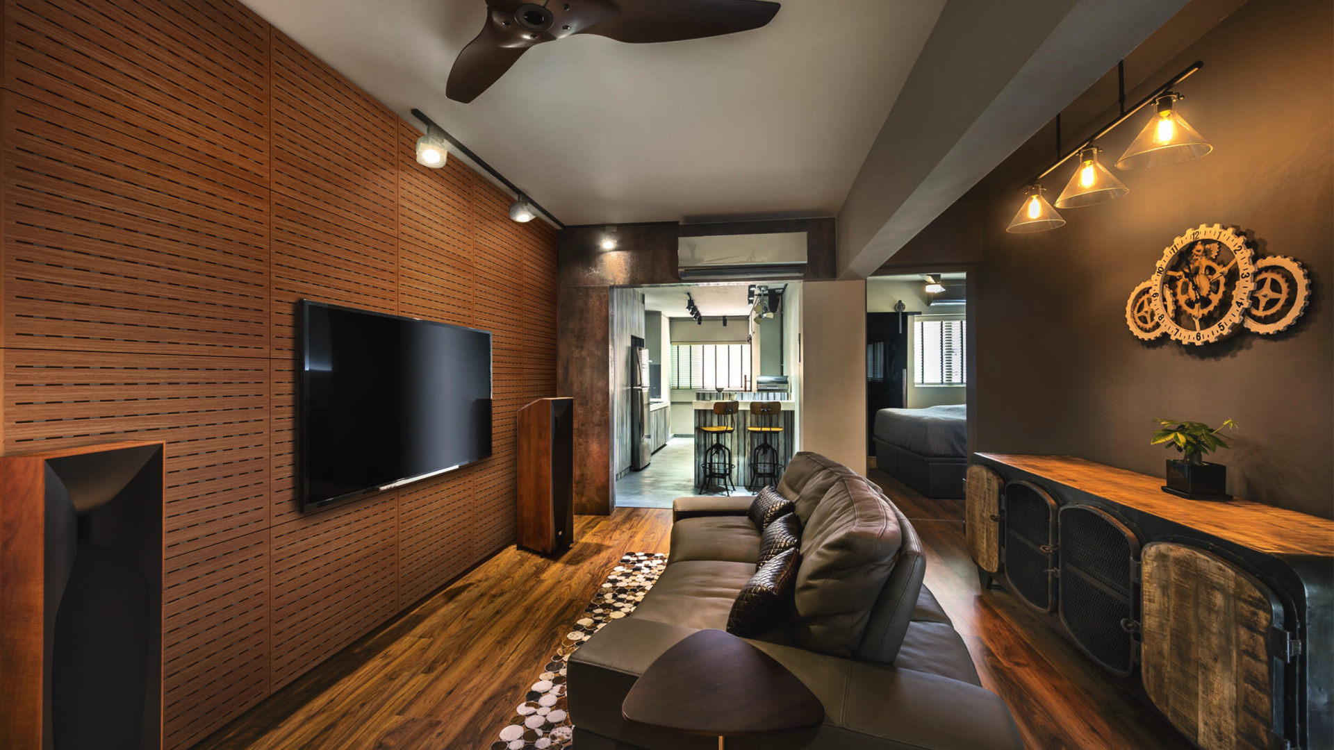 Стильная гостиная с коричневым интерьером