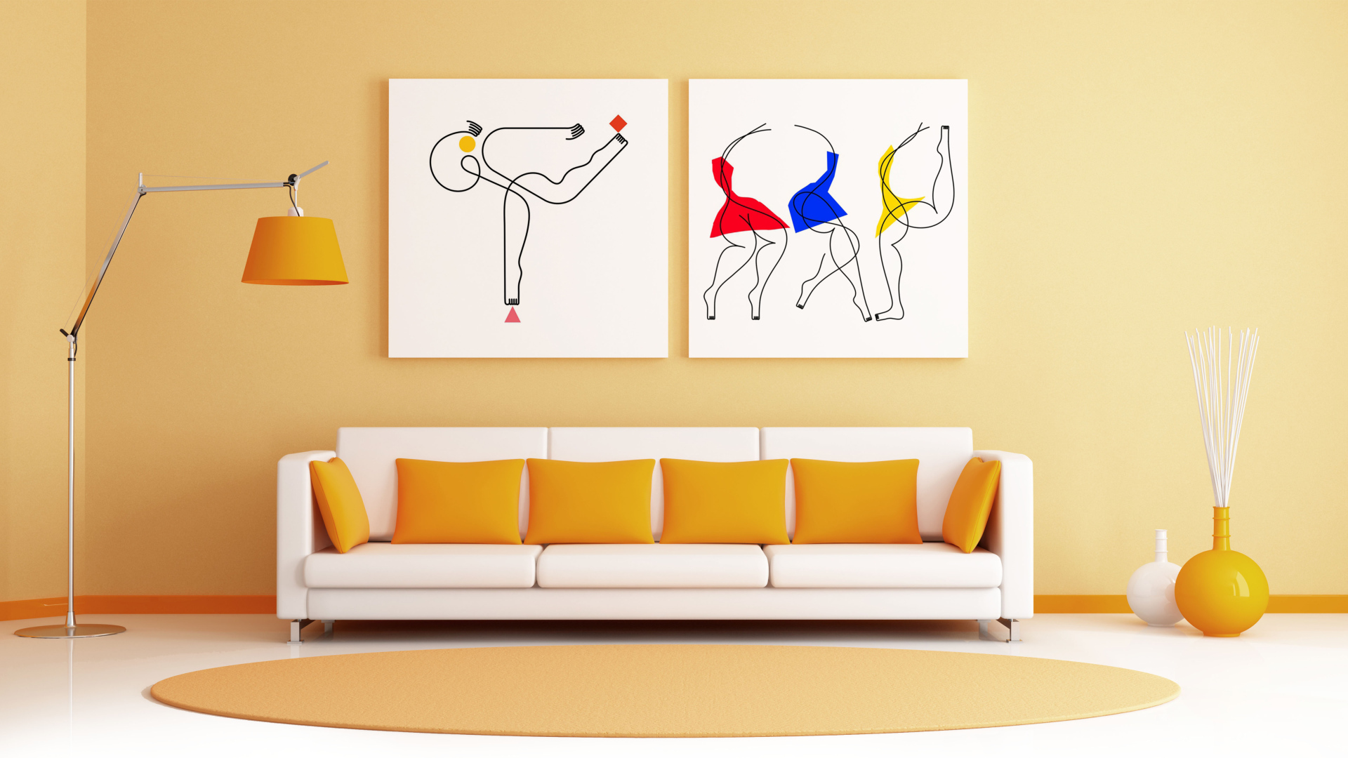 Необычные картины на стене в комнате с диваном 