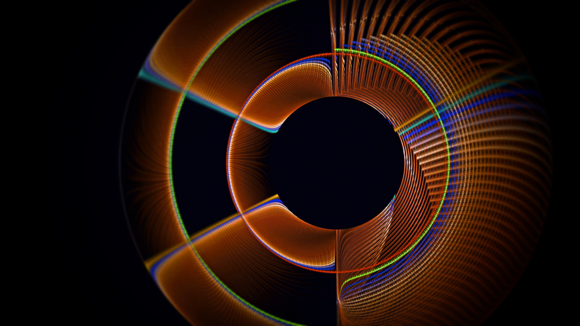 Коричневый фрактальный рисунок с радужными линиями на черном фоне