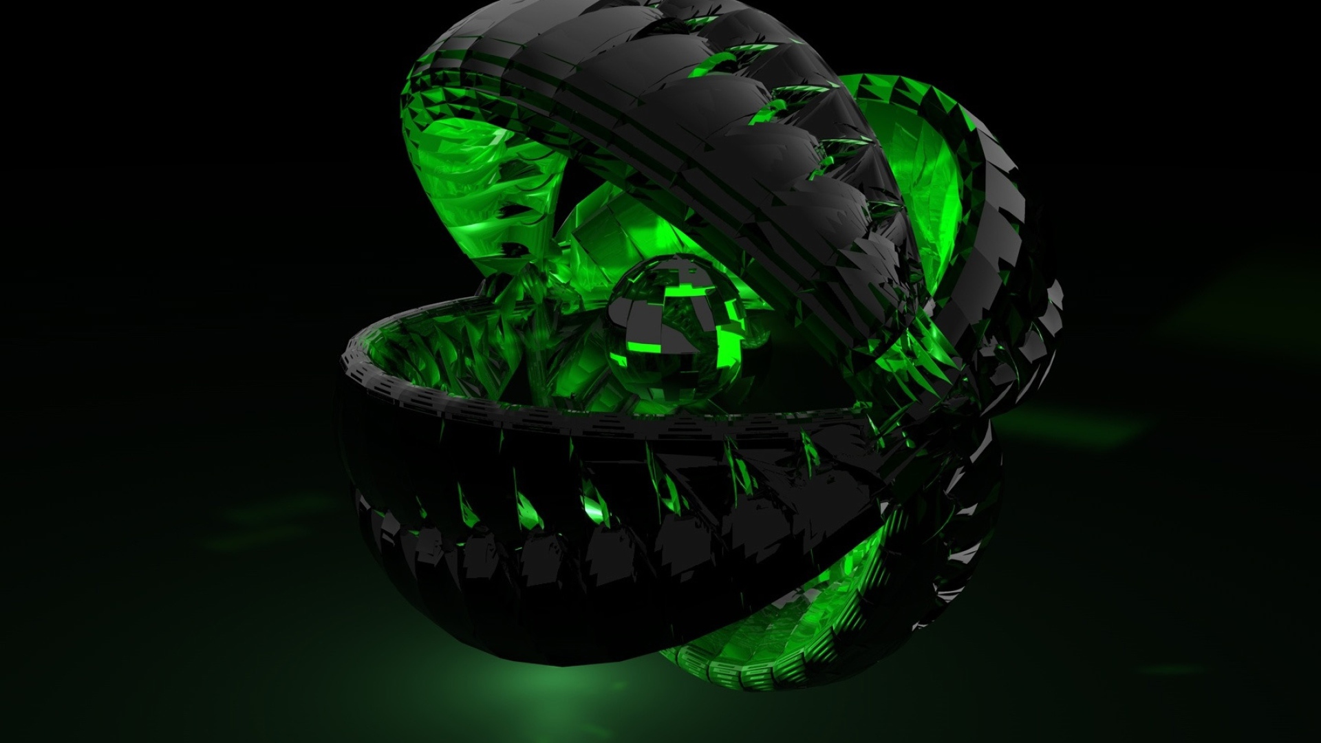 Green ball in a black sphere 3D graphics
