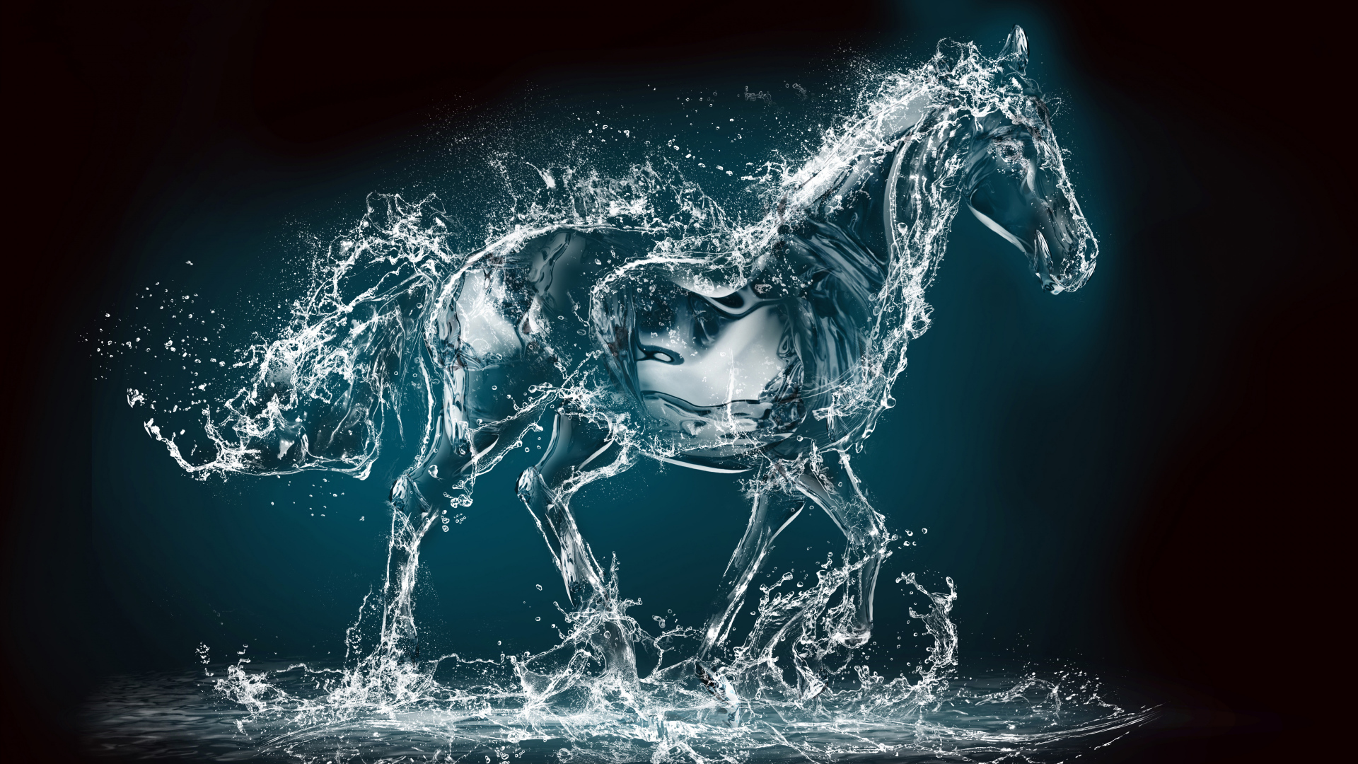 Конь из воды на черном фоне, 3д графика