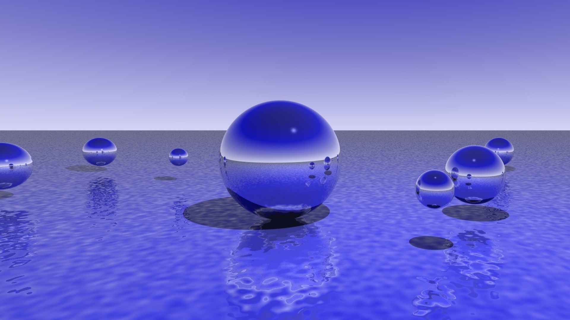 Фиолетовые 3д шары над водой 