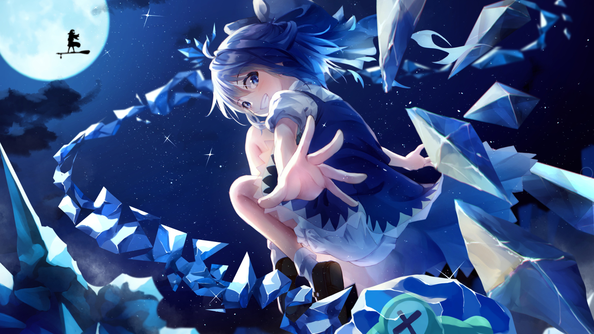 Девушка аниме с голубыми волосами бросает кристаллы 