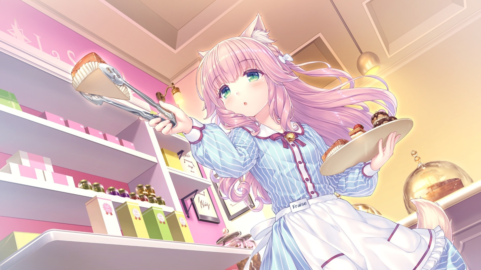 Девушка аниме с розовыми волосами на кухне