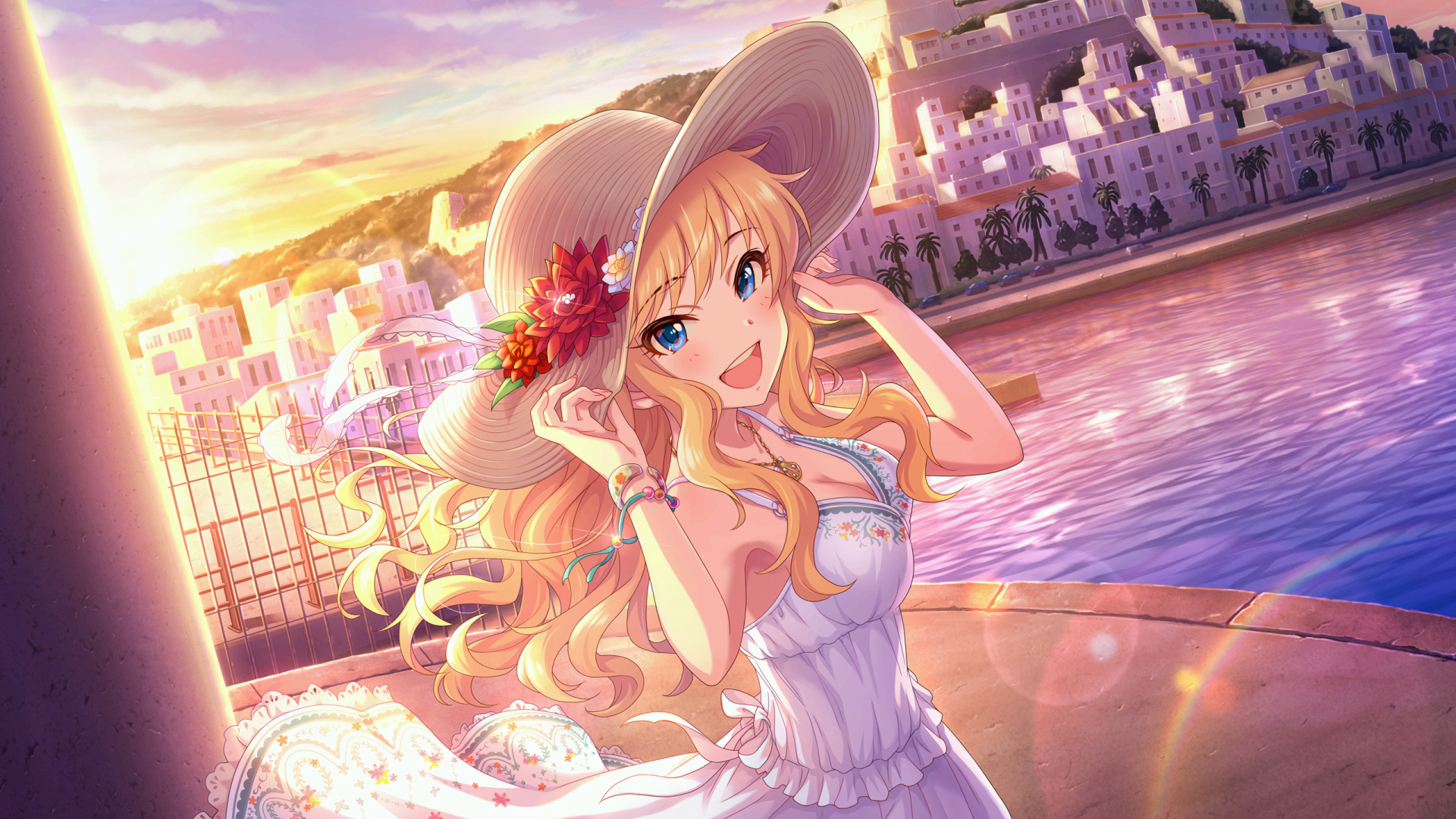 Beautiful anime girl in a hat by the river Desktop wallpapers 1920x1080