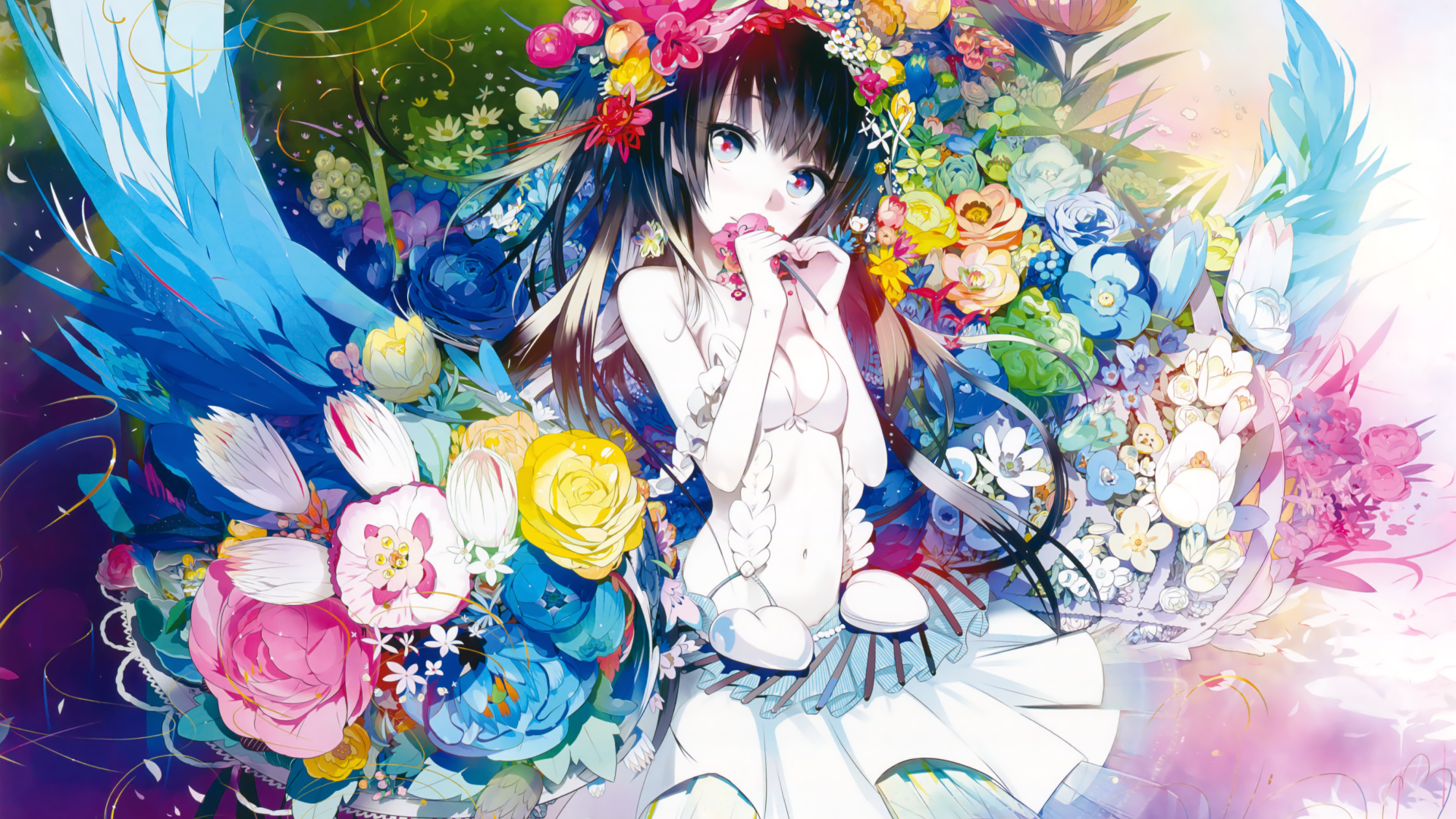 Красивая девушка аниме в цветах
