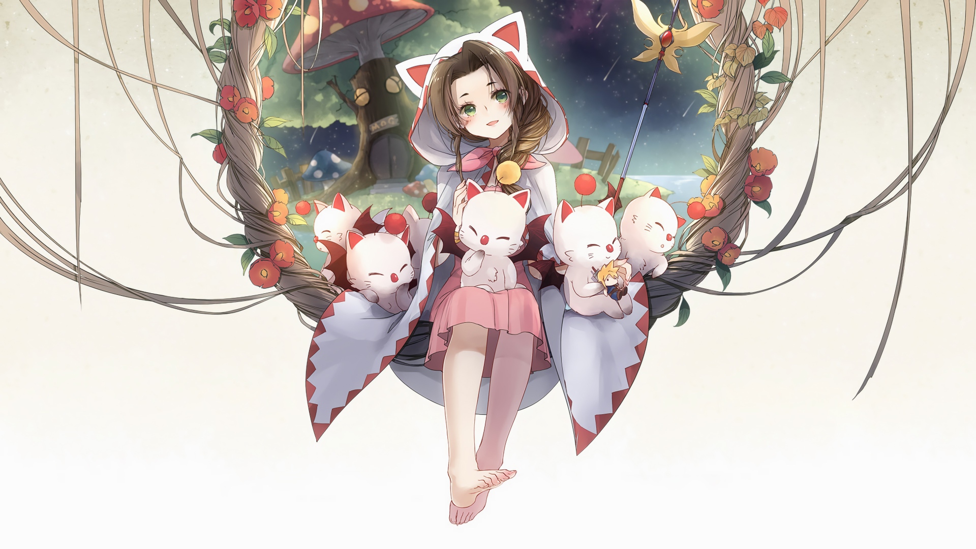 Милая девушка аниме с котятами на белом фоне