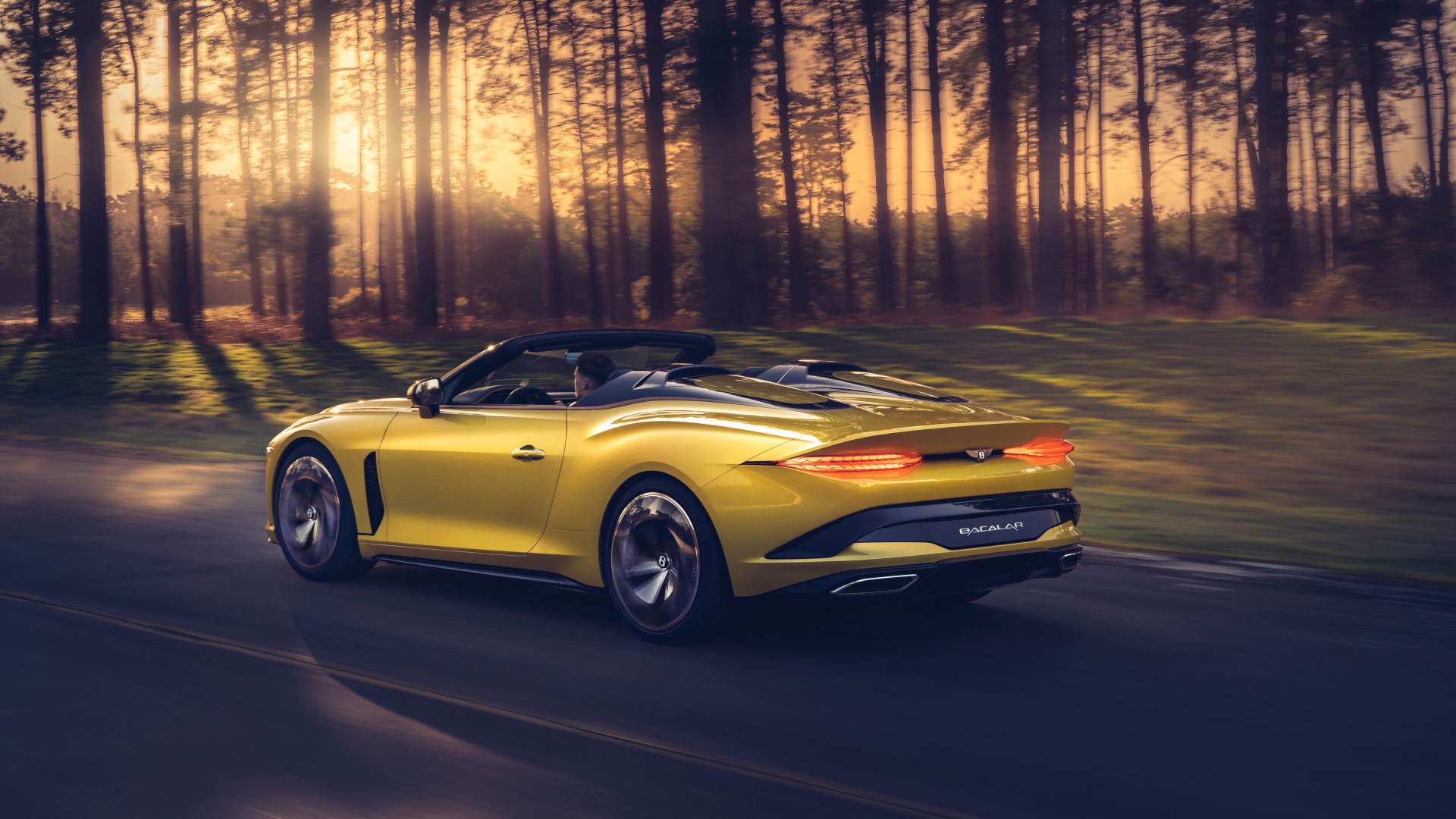 Желтый автомобиль Bentley Mulliner Bacalar 2020 года в лесу 