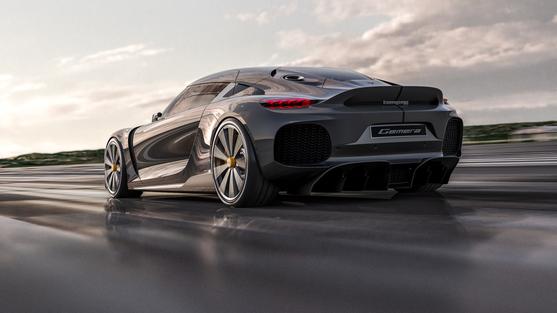Быстрый автомобиль Koenigsegg Gemera 2020 года на трассе вид сзади