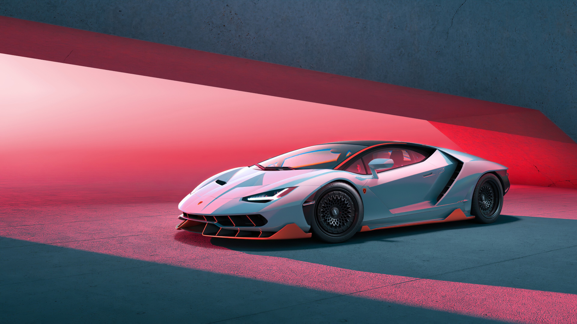 Автомобиль Lamborghini Centenario на красном фоне 