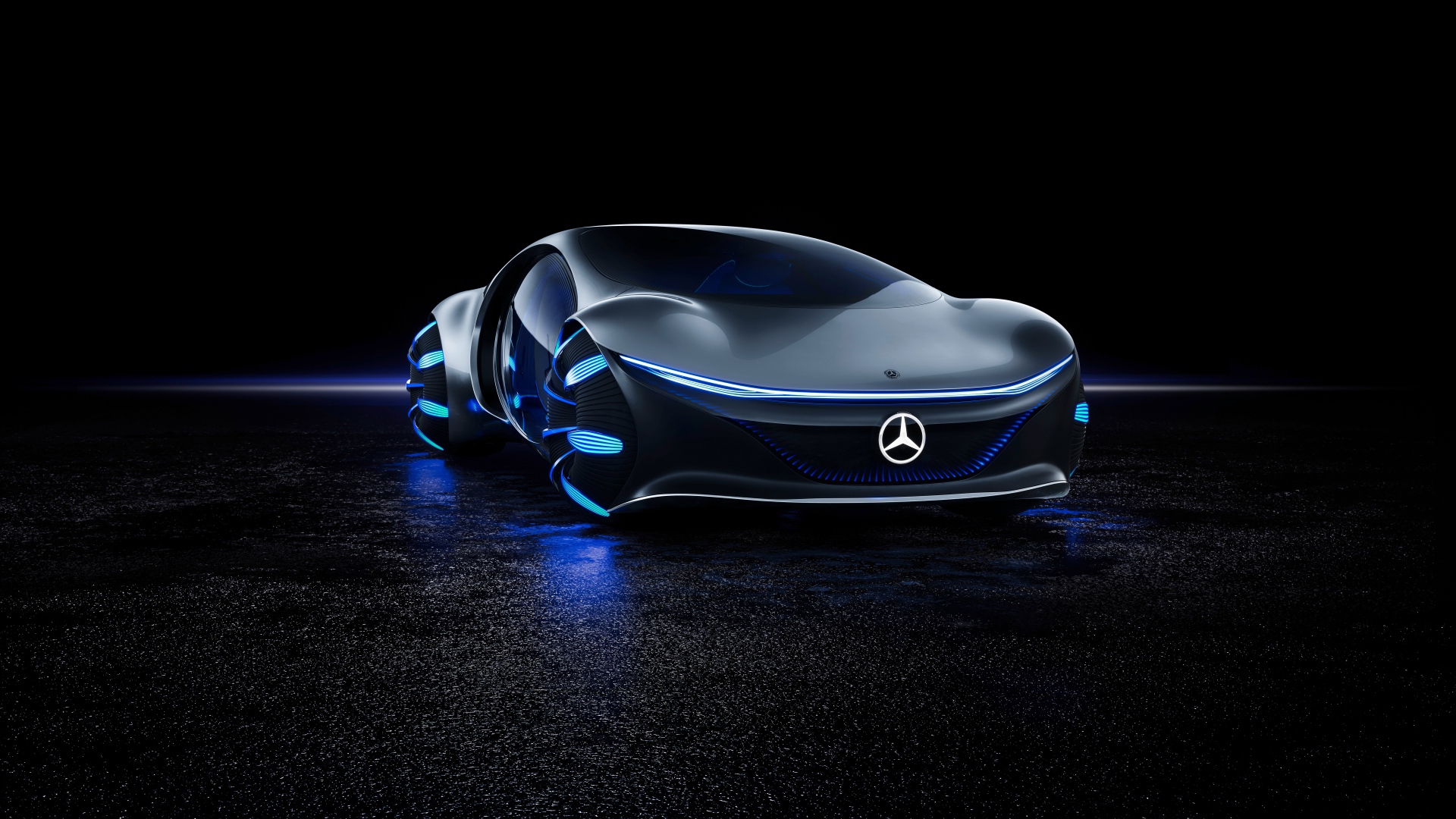 Футуристический автомобиль Mercedes-Benz VISION AVTR 2020 года на черном фоне