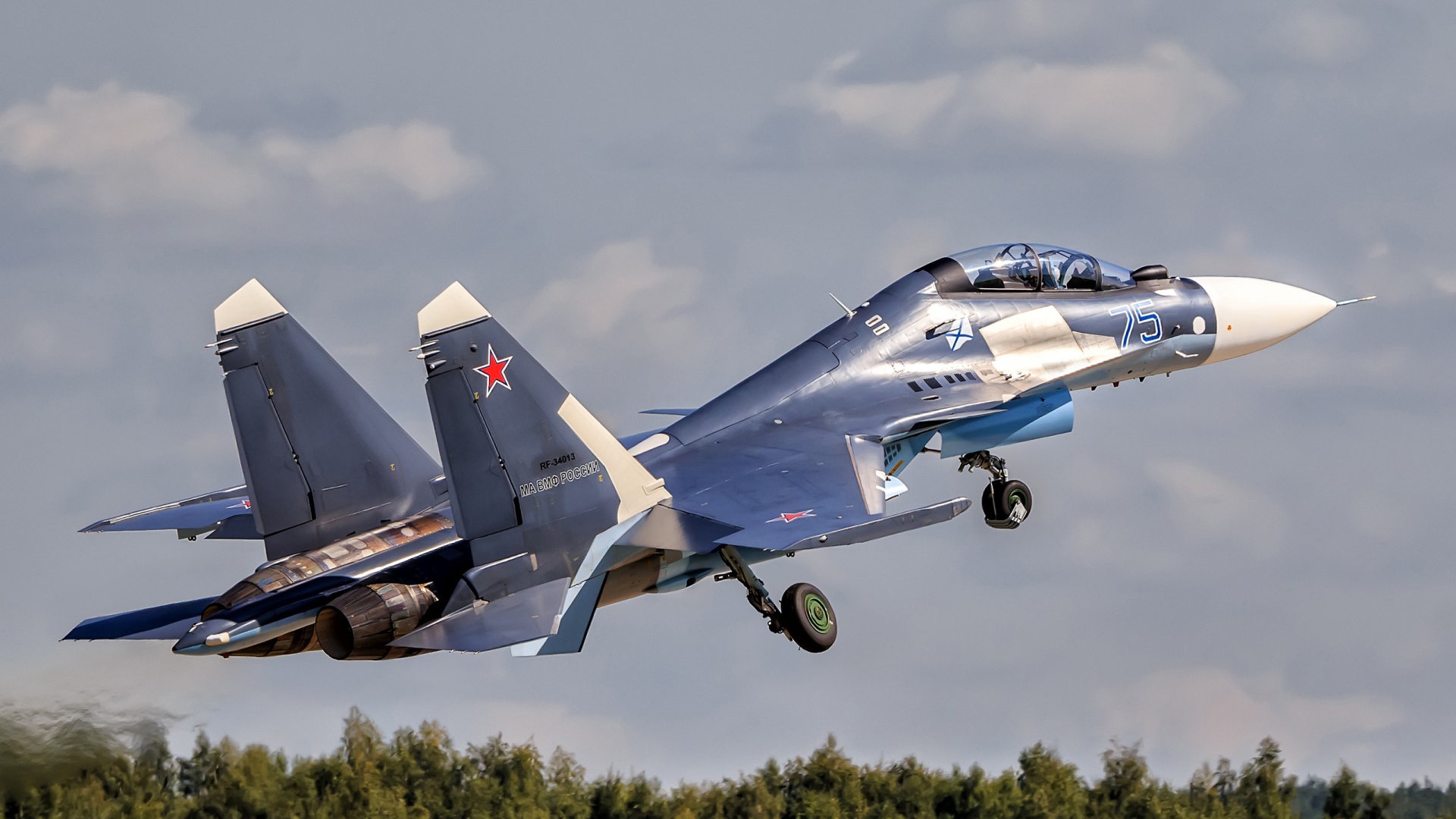 Истребитель Су-30 Su-30SM взлетает в небо 