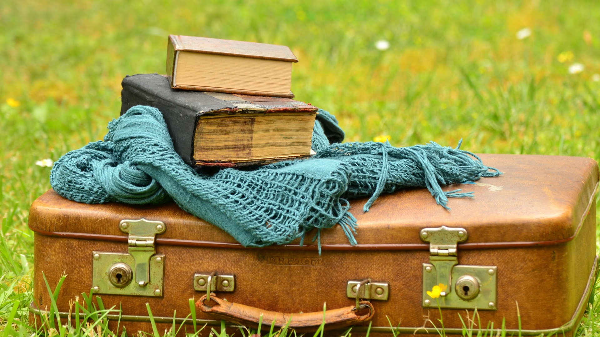 Старый чемодан с книгами и шарфом на траве