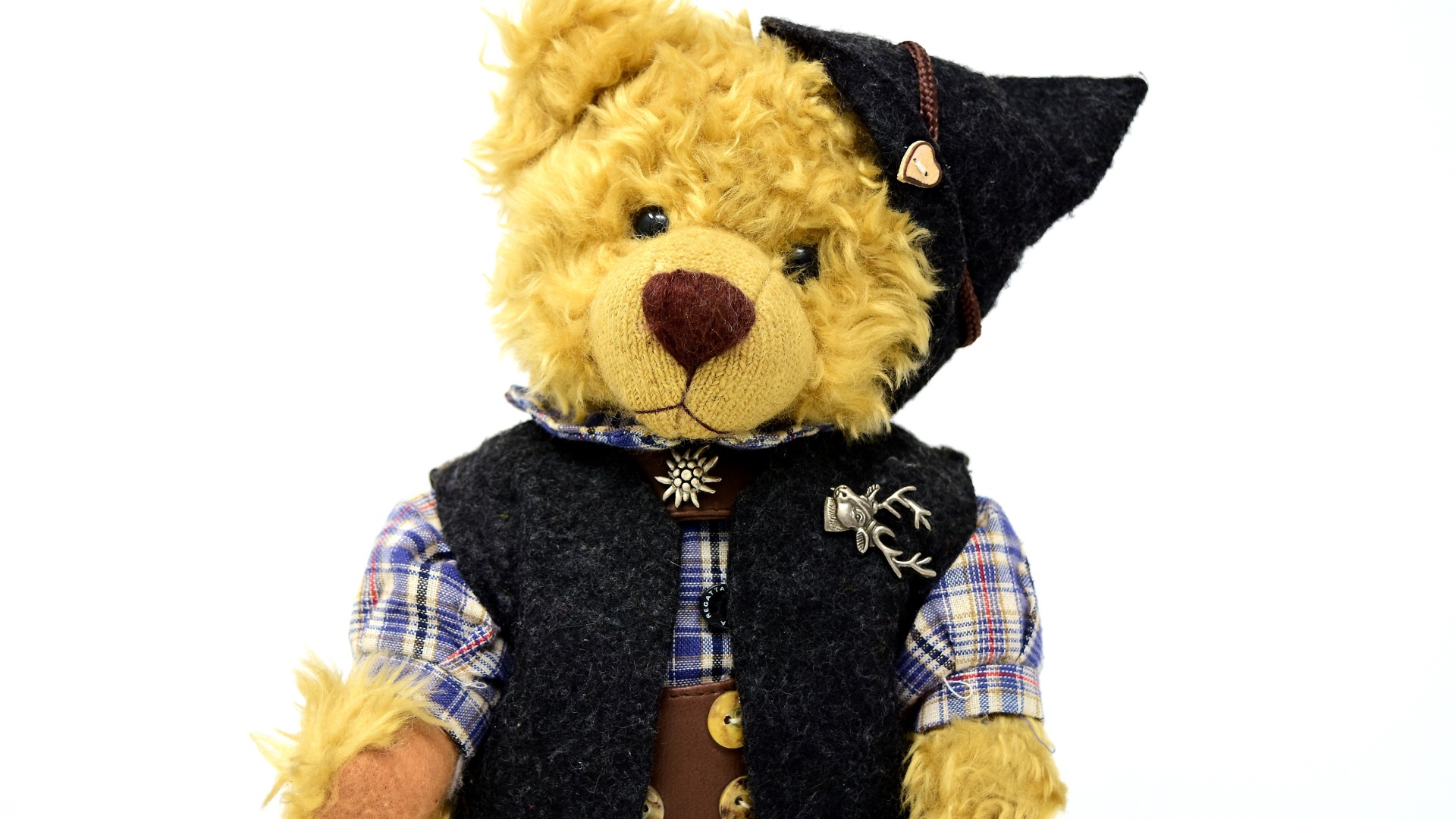 Медвежонок Тедди в костюме на белом фоне