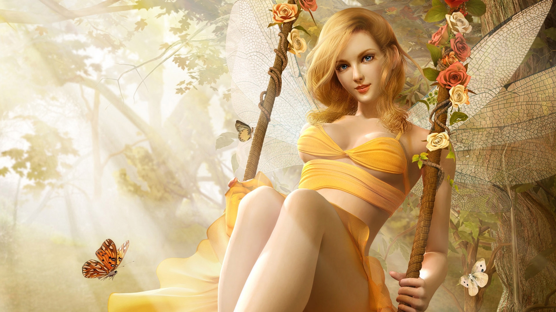 Красивая девушка эльф катается на качели