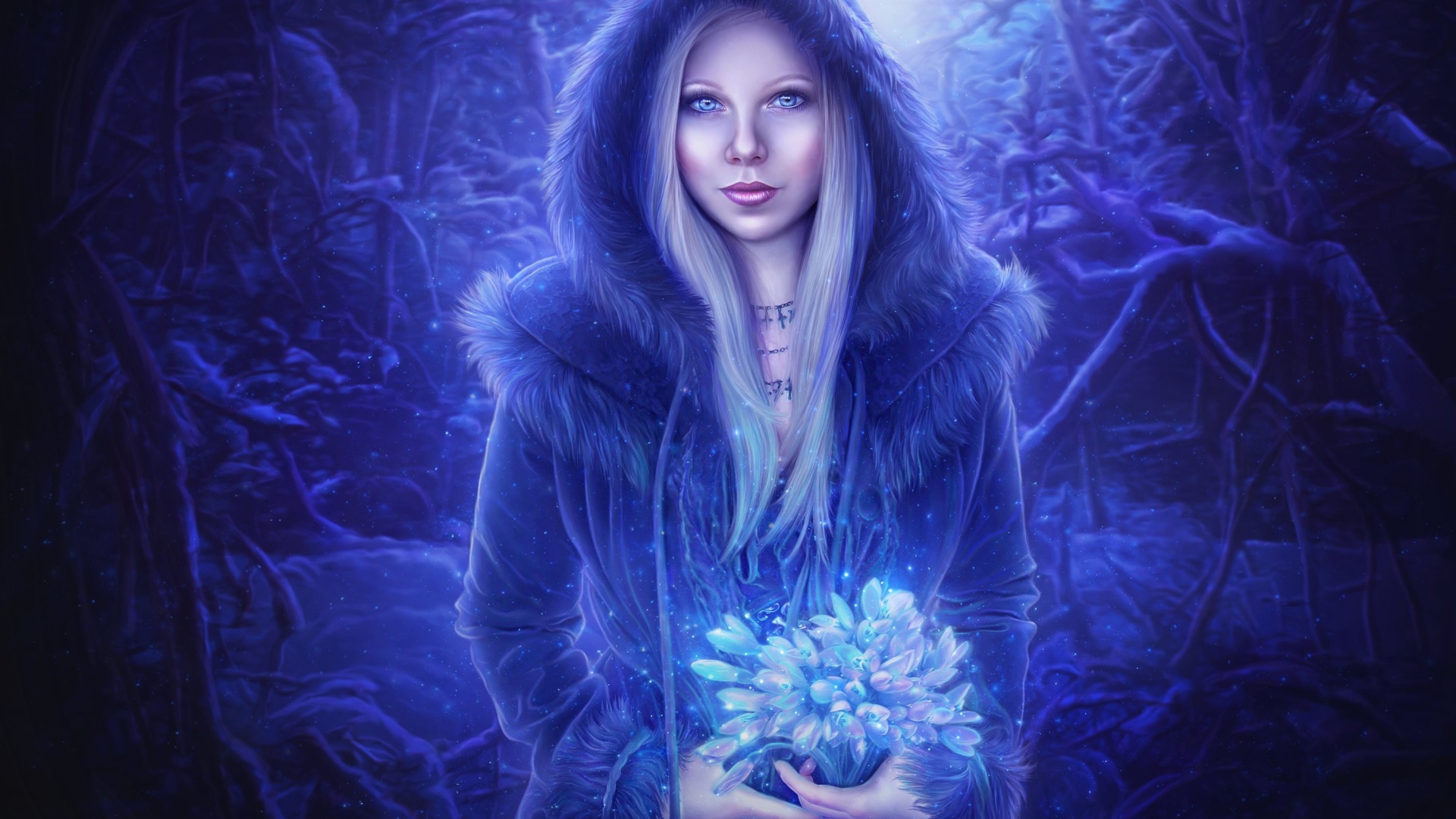 Девушка с букетом цветов в неоновом свете в лесу 