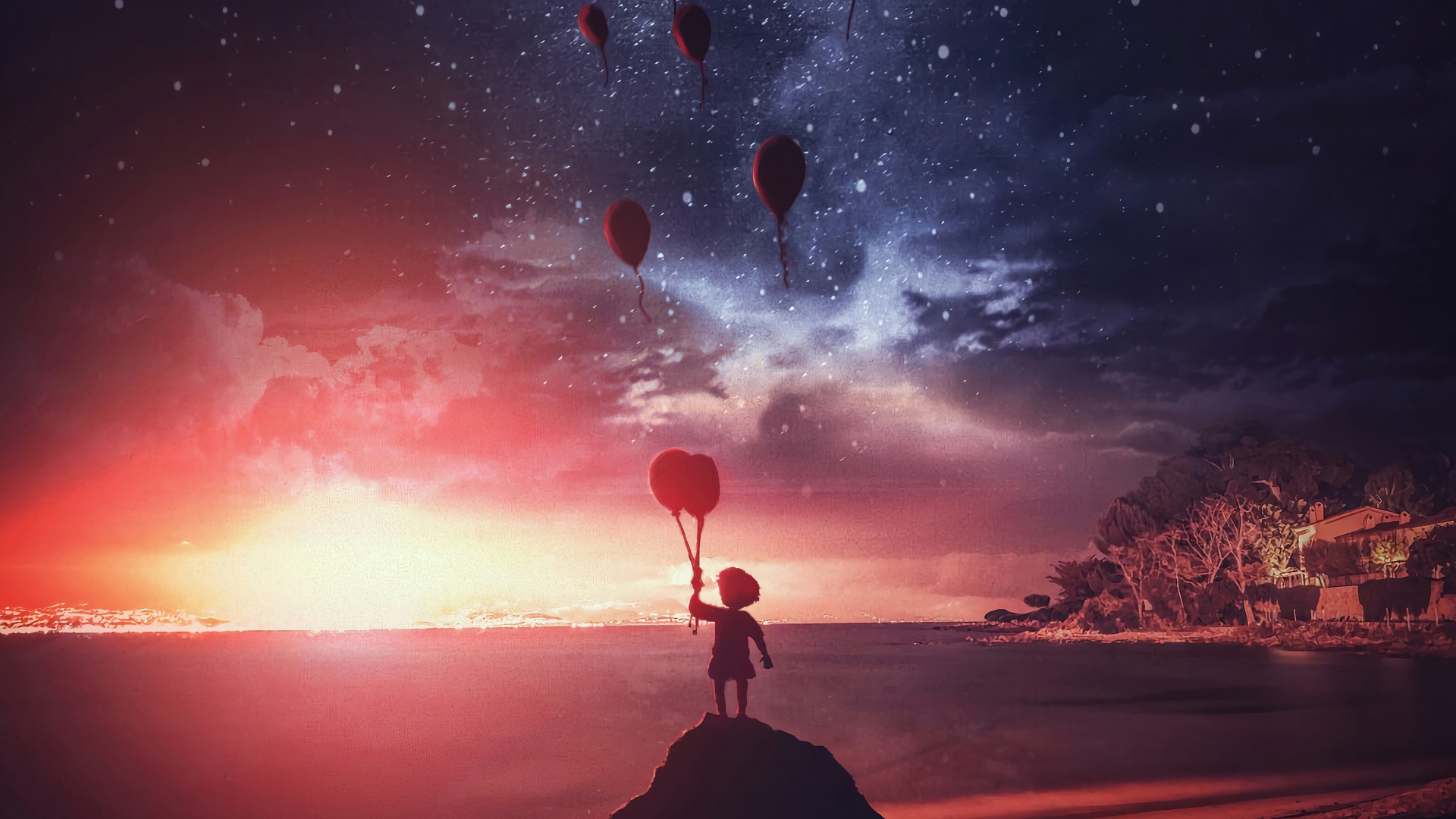 Маленький мальчик запускает в ночное небо воздушные шары на берегу реки