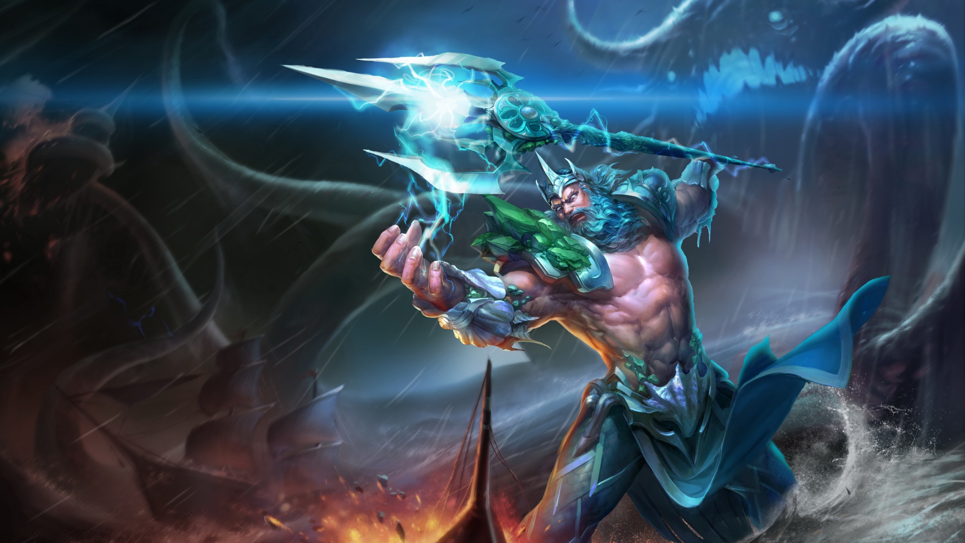 Грозный царь Посейдон в море с трезубцем