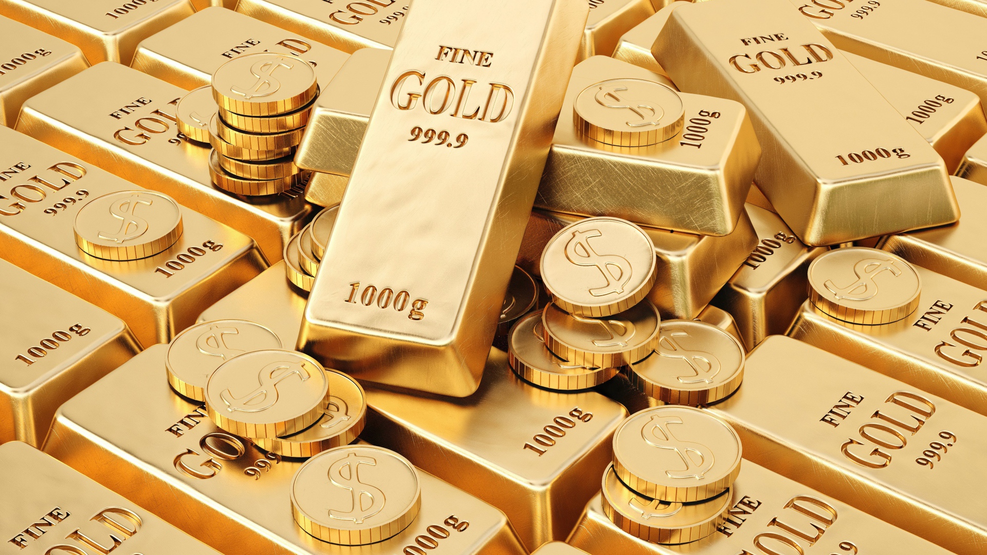 Много золотых слитков золота и монет 