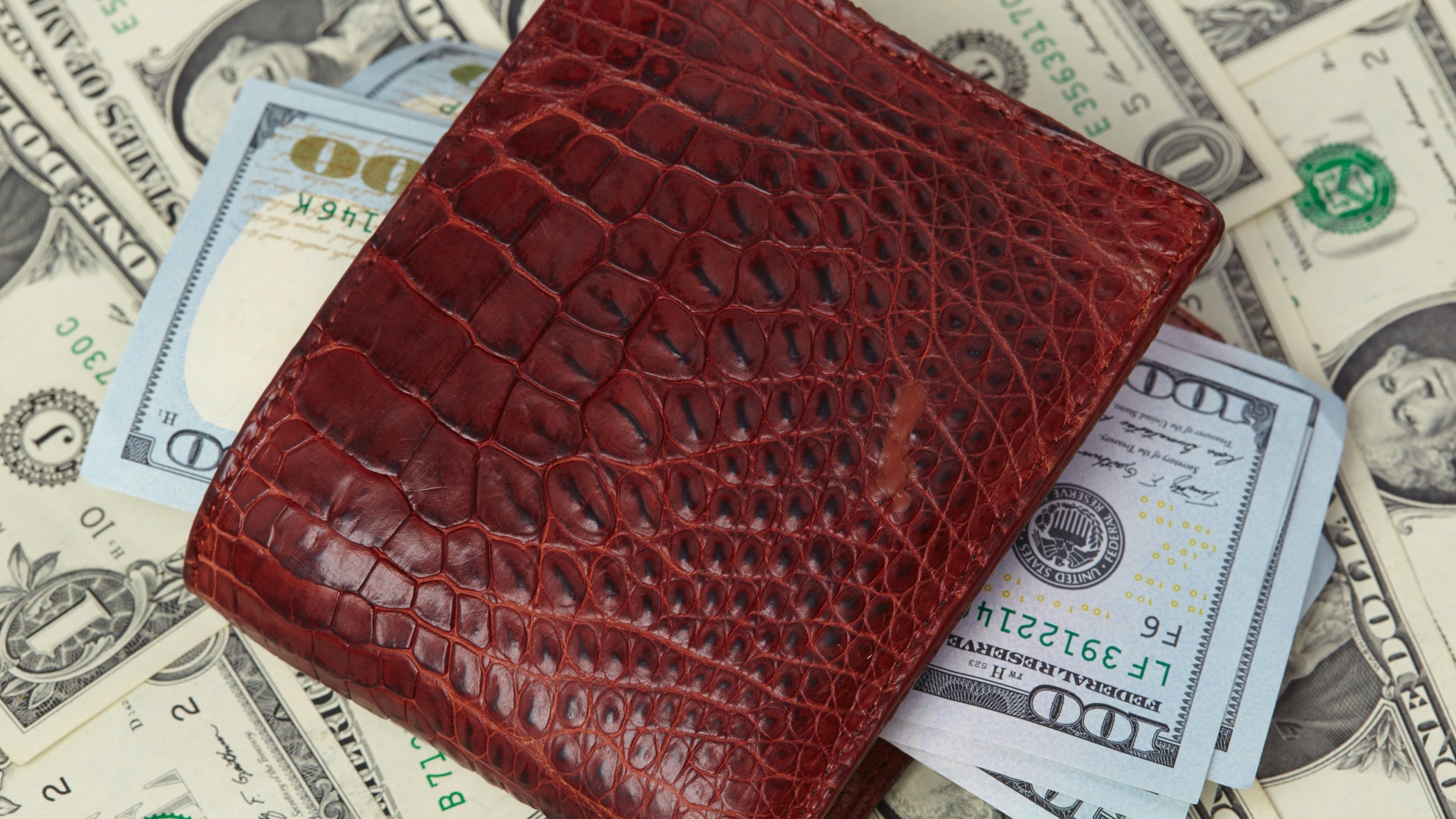 Leather wallet with dollar bills