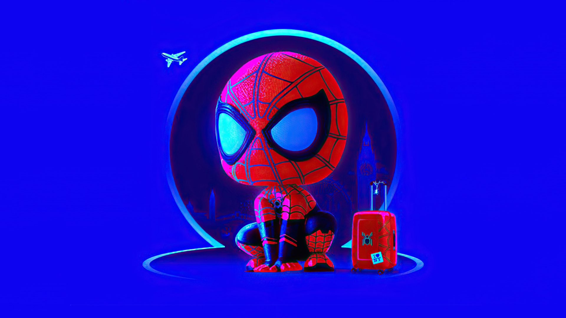 Little spiderman on blue background Desktop wallpapers 1920x1080